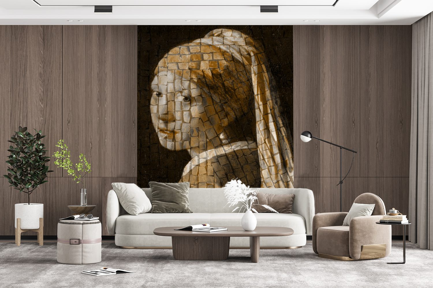 Alte Tapete Wohnzimmer, - MuchoWow Fototapete Mosaik, für Meister mit bedruckt, Wandtapete Vinyl - Perlenohrring Mädchen einem (4 Montagefertig St), Matt,