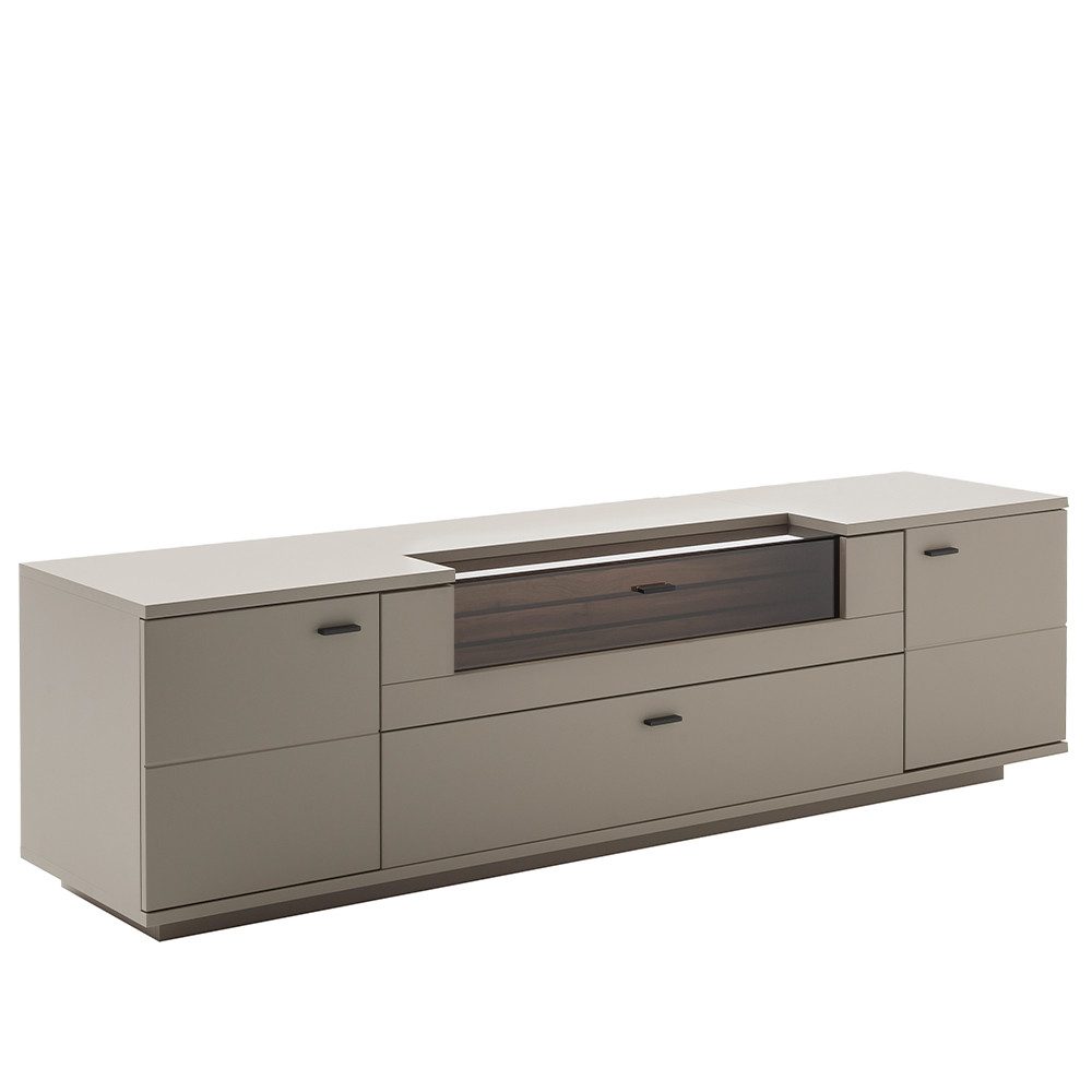 Lomadox Lowboard LIEZEN-05, Grau mit Rückwand in Eiche, Breite 210 cm, Glaselement, montiert