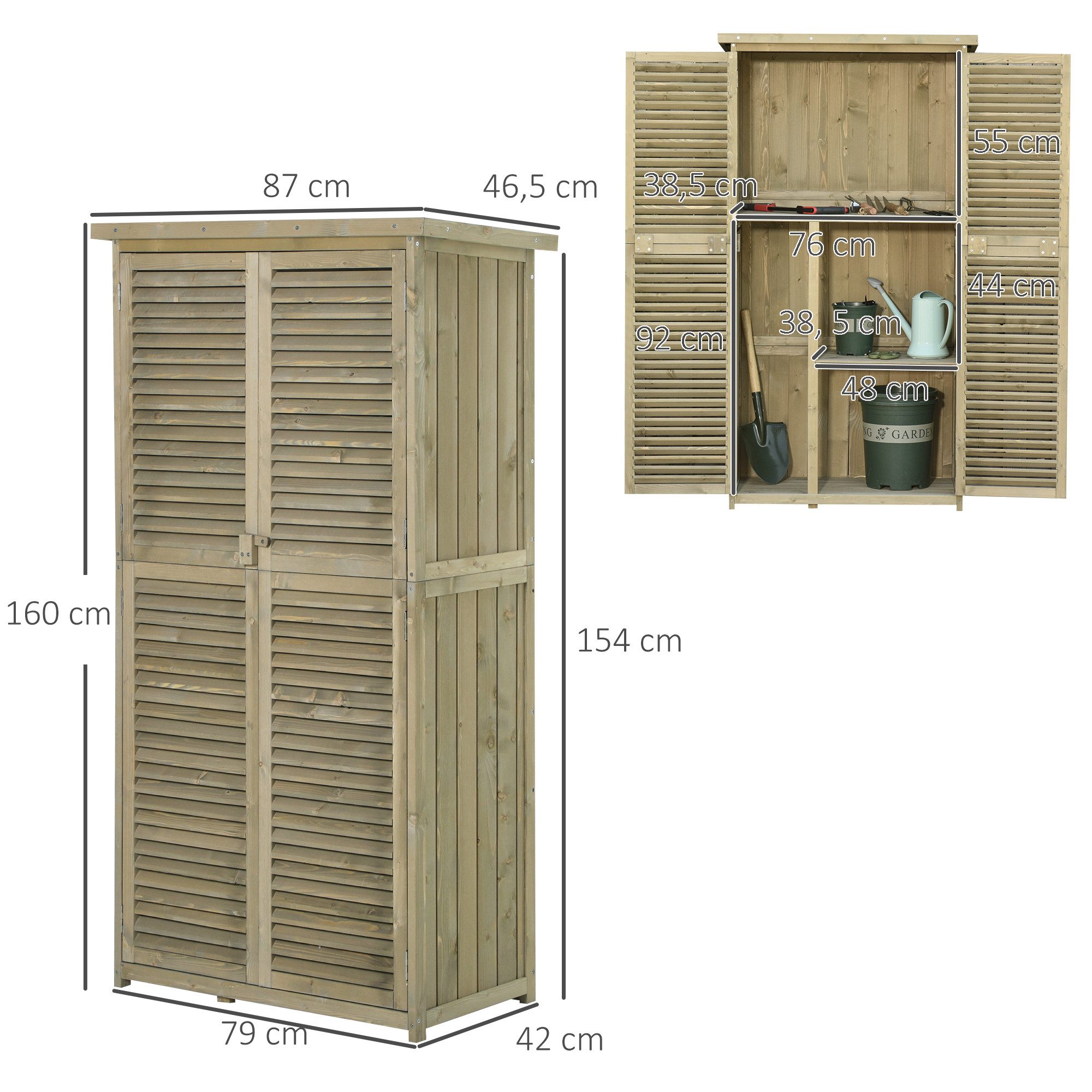 Outsunny Gerätehaus Gartenschrank Holz Geräteschuppen mit Asphaltdach Lamellentür, BxT: 87x46.5 cm, (Gartenschrank, 1 St., Geräteschrank), für Garten, Naturholz – Bild 3 von 5