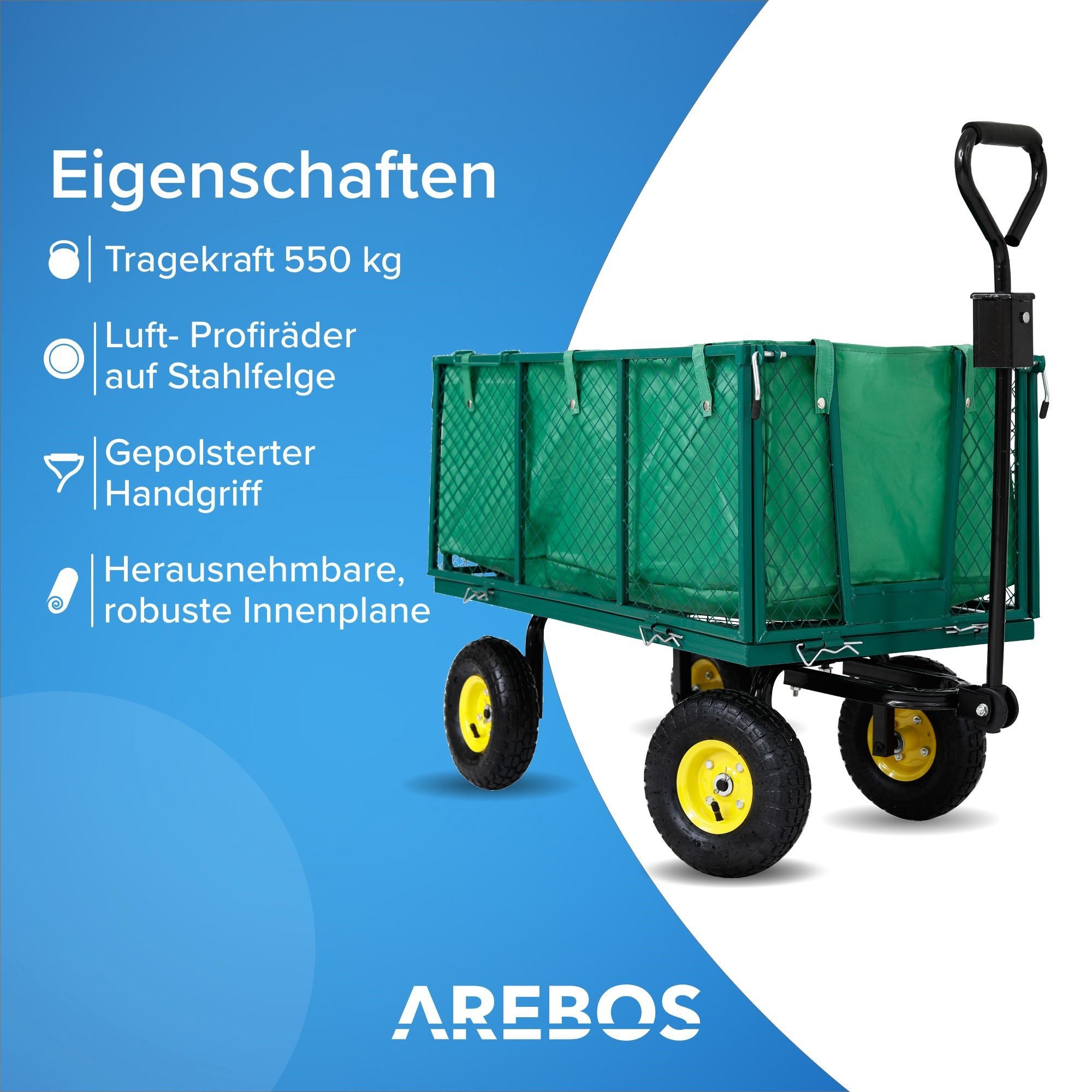 Arebos Bollerwagen Gartenwagen Profilreifen 550 kg belastbar inkl. Handgriff & Deichsel, Ladevolumen: 98 x 51 x 40 cm (ca. 170 L)