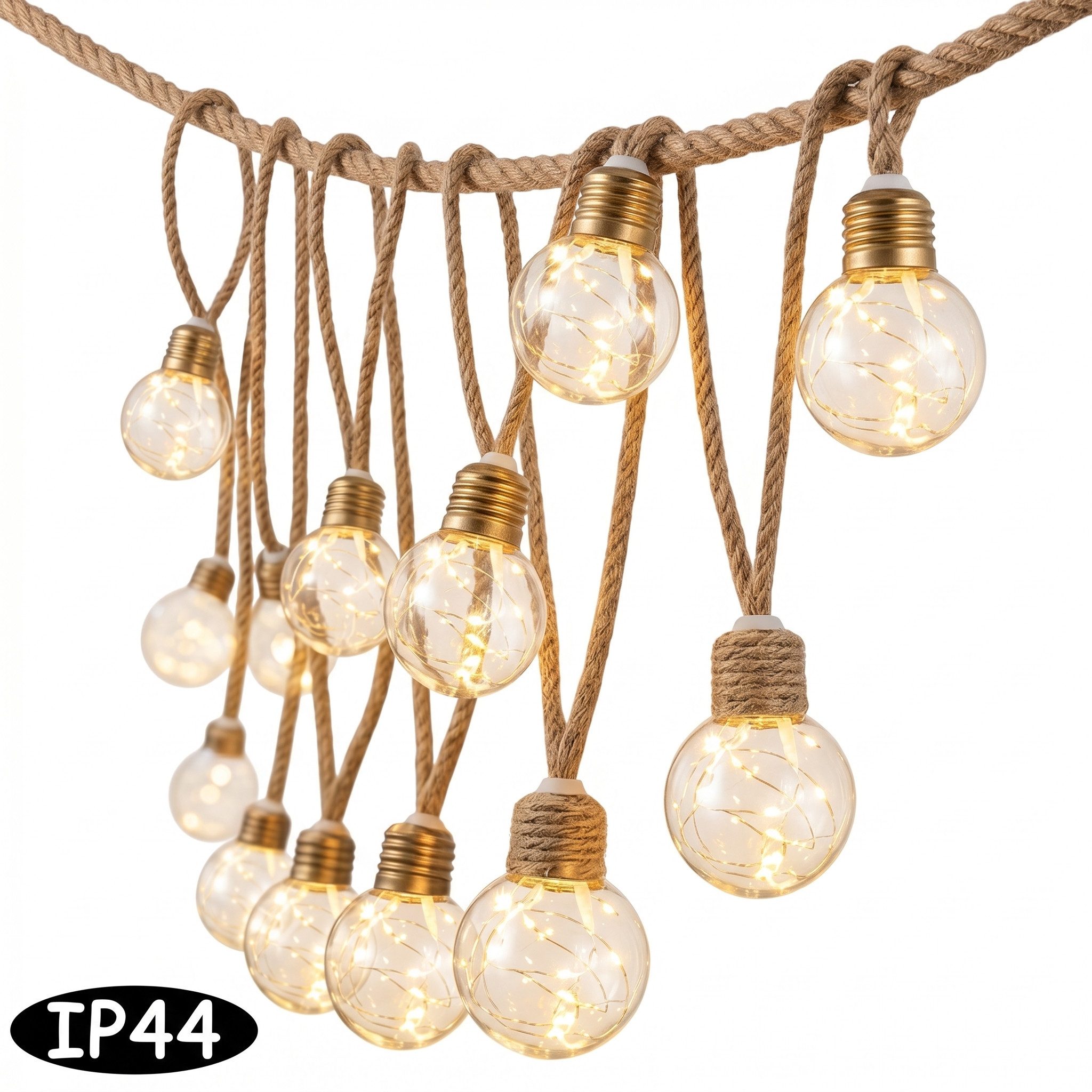 Norvéa Home Lichterkette Solar Lichterkette Außen Glühbirnen Juteseil IP44 Warmweiß, Solar Lichterkette IP44, G40 Fairy Light, 8 Modi, Juteseil