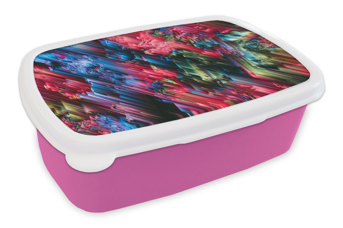 MuchoWow Lunchbox Glitch - Abstrakt - Regenbogen, Kunststoff, (2-tlg), Brotbox für Erwachsene, Brotdose Kinder, Snackbox, Mädchen, Kunststoff rosa
