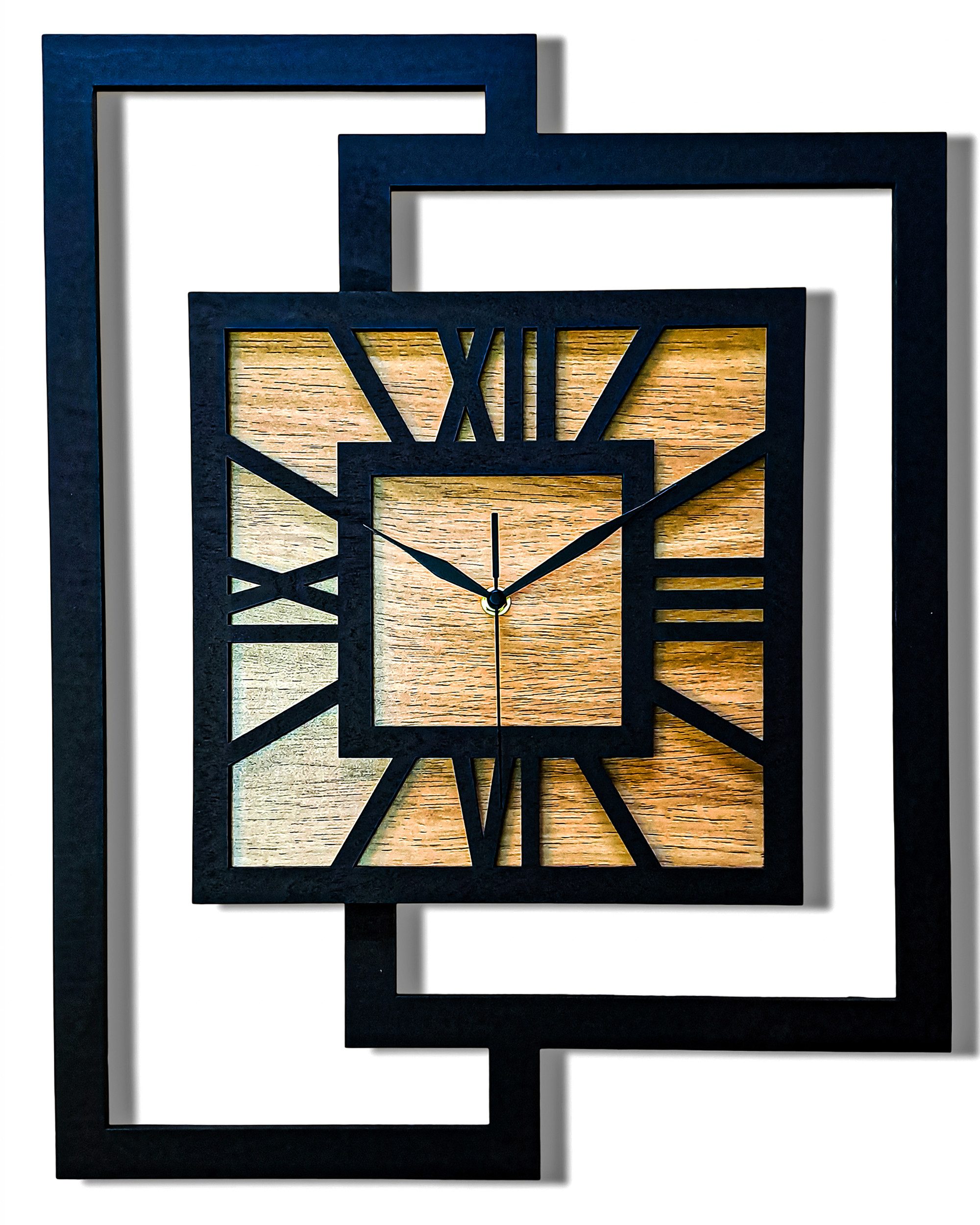 ORNAMENTI Wanduhr Große handgefertigte, moderne, aus Holz, Hingucker, 44 x 56 cm, Eiche (Rechteckig vertikal ohne Tickgeräusche für Wohnzimmer lesbare Ziffern)