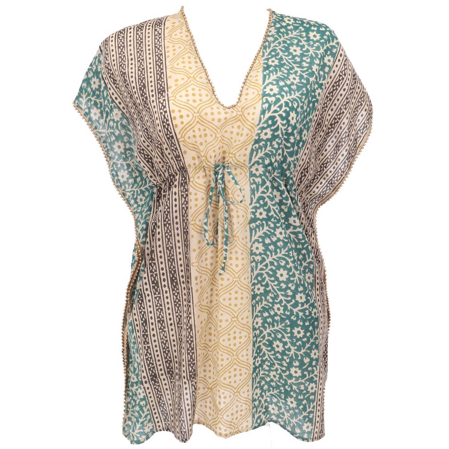 Guru-Shop Longbluse Leichter Kaftan mit Perlenbordüre, günstig online kaufen