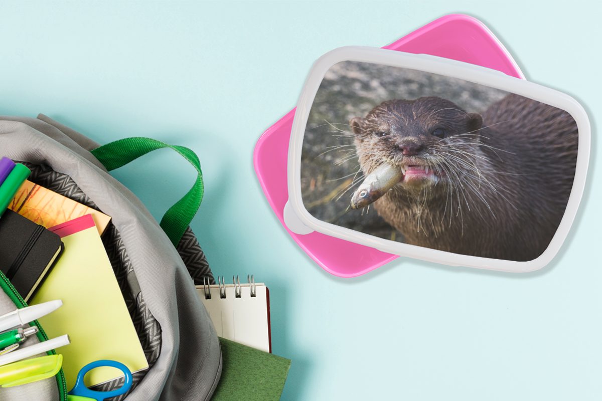 MuchoWow Lunchbox Otter frisst (2-tlg), Mädchen, Erwachsene, Brotbox Brotdose Kunststoff rosa Kinder, Snackbox, Kunststoff, Fisch, für