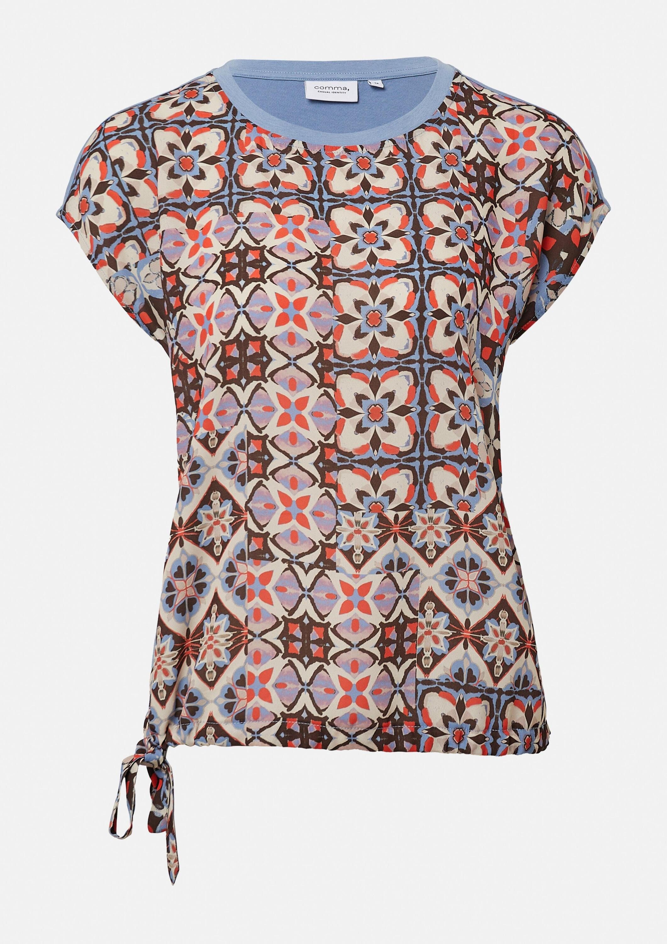 comma Kurzarmshirt T-Shirt Blusenshirt im Fabricmix mit Knotendetail