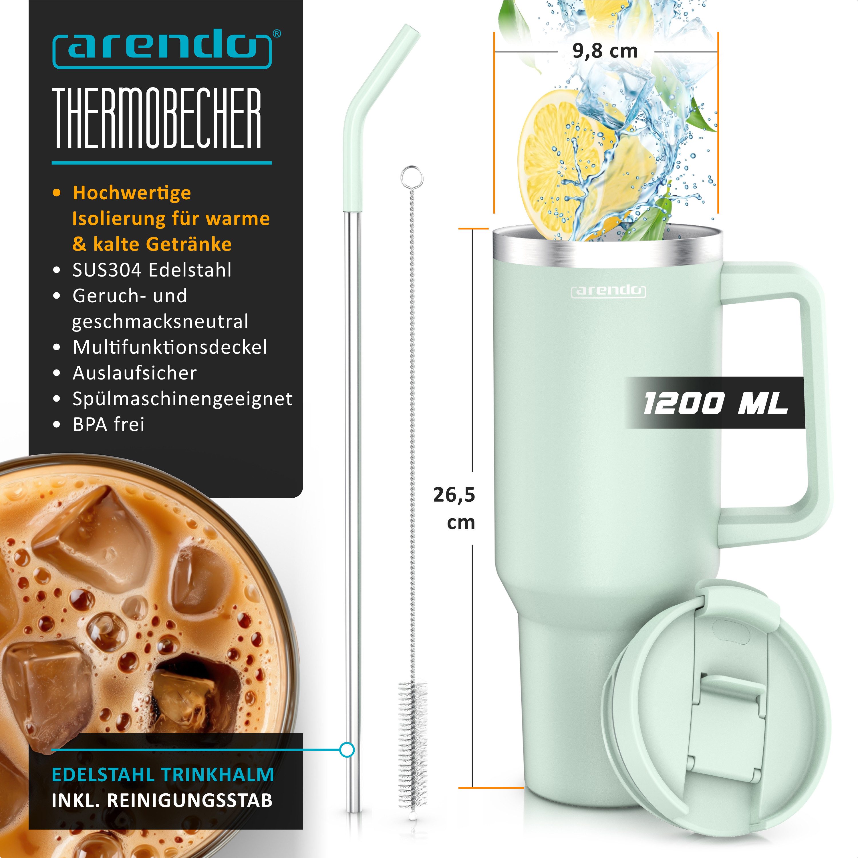 Arendo Thermobecher Thermal Mug 1200 ml, Becher mit Deckel, Henkel und Strohhalm, Tumbler, 1-tlg., Edelstahl, doppelwandig, Vakuumgehäuse aus Edelstahl, luftdichter Verschluss