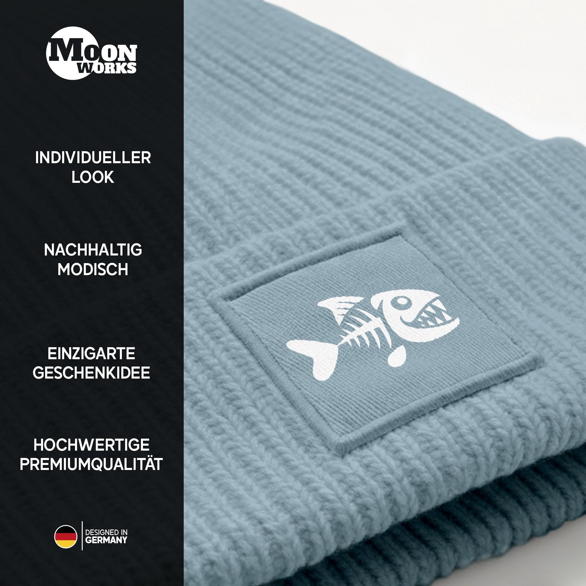 MoonWorks Strickmütze Herren Beanie Patch Piranha Grafik Print Lustig Wintermütze