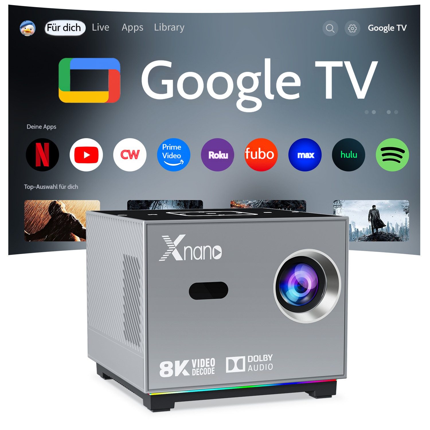 XNANO X3 Projektor 300ANSI, 8K/4K Unterstützt,Tragbarer Beamer Android TV LCD-Beamer (1000:1, 1280 x 720 px, für Heimkino Schlafzimmer Kompatibel mit HDMI/USB/Phone/PS5/TV Stick)