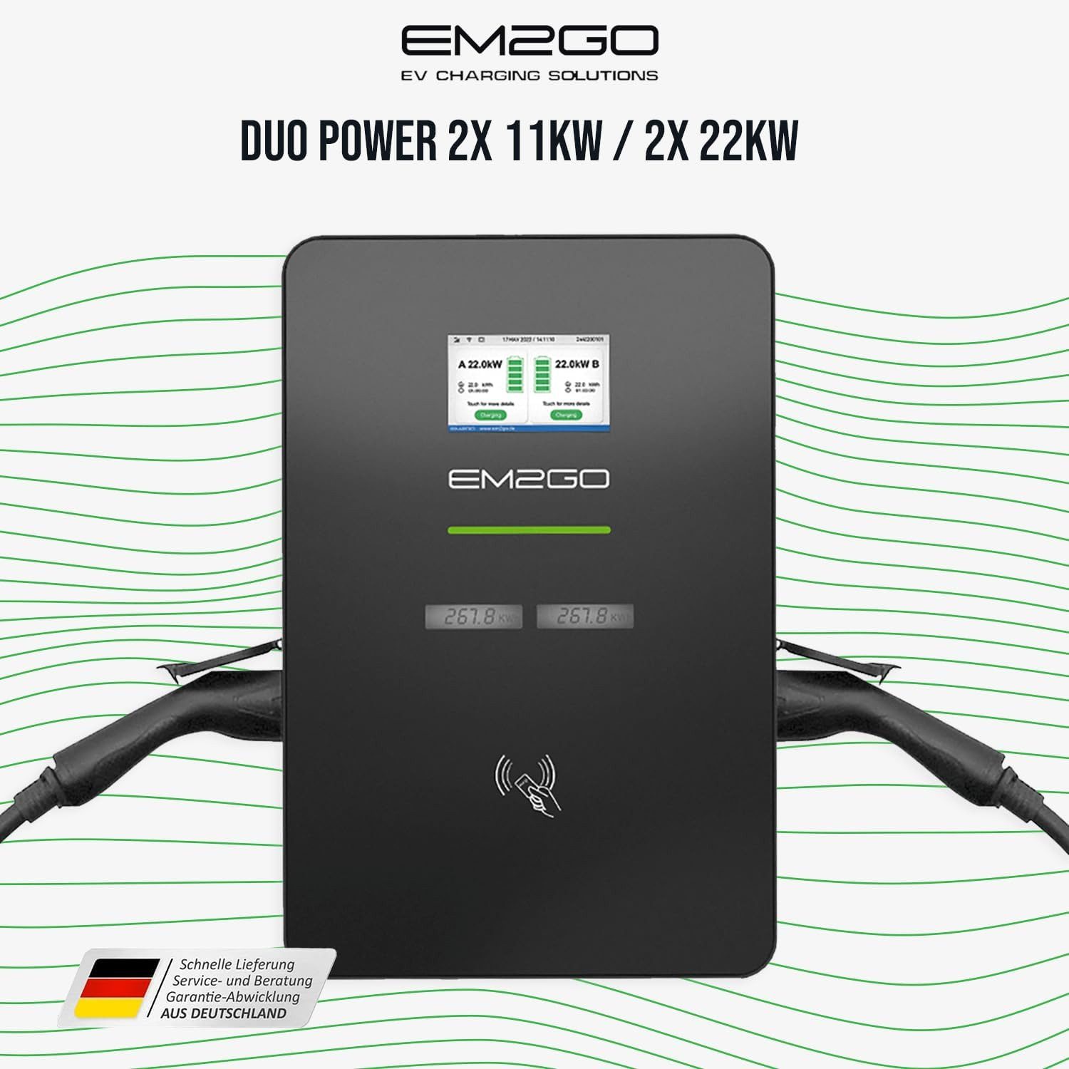 EM2GO Elektroauto-Ladestation EM2GO Duo Wallbox 2x22kW Typ2 E-Auto Ladestation, Wallbox, Doppelte Ladestation 11kW / 16A, 3-Phasig, Einzelgerät, Wallbox mit 2 Ladepunkten & RFID & Backend, Zwei E-Autos laden – Backend & netzdienlich