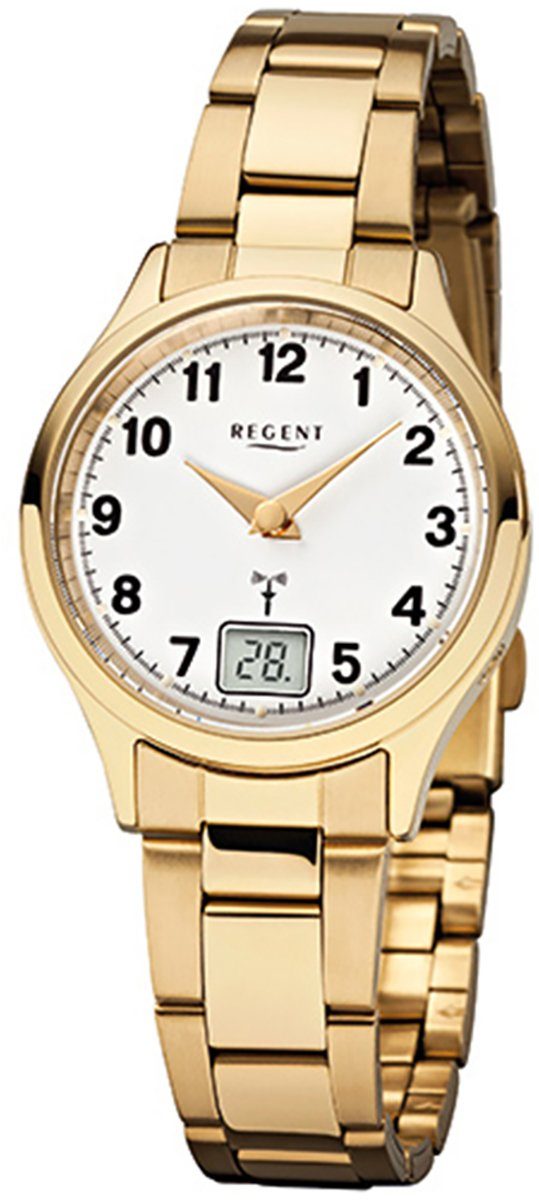 Verkaufskunde Regent Funkuhr Regent Kalender 29mm), Funkuhr klein gold, Edelstahlarmband, Damen-Armbanduhr Damen (ca. rund