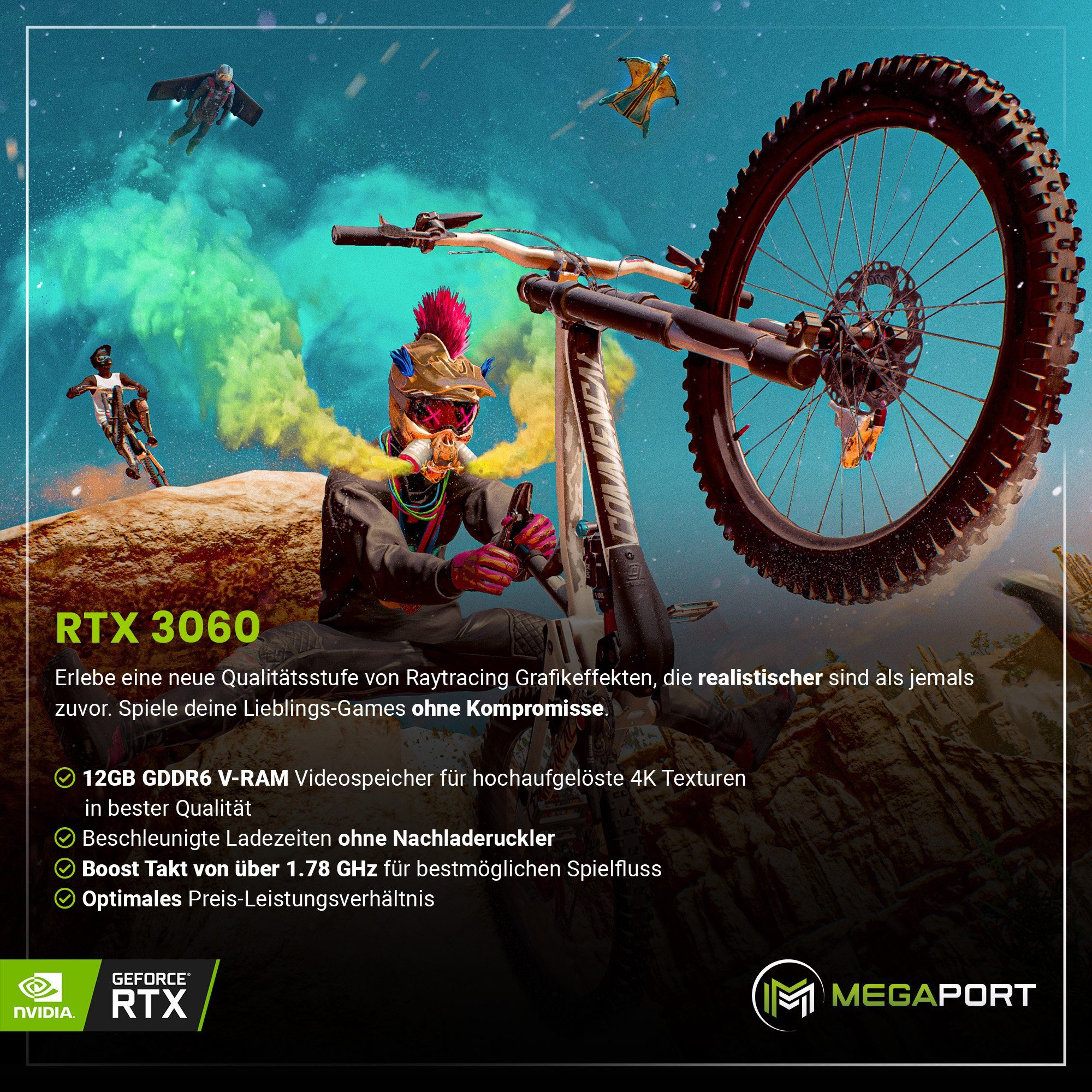 Megaport Gaming-PC-Komplettsystem WLAN) RTX SSD, 3060, 16 8x3,40 GHz RAM, (24", Ryzen 5700X, 7 Windows 1000 GB AMD 5700X 11, GeForce GB