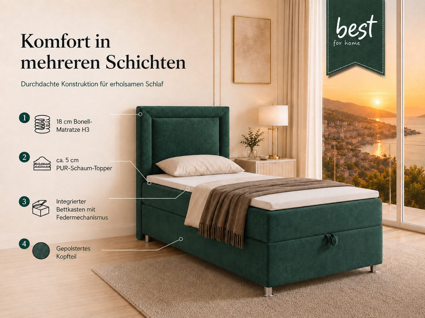 Best for Home Boxspringbett Trinity K-3 SINGLE mit Bettkasten & ca. 5 cm Topper (Einzelbett, Polsterbett mit gepolstertes Kopfteil, Jugendbett, Kinderbett versch. Größen, 3-St., 70x200 80x200 90x200 100x200 cm), Einzel-Boxspringbett mit integriertem Bettkasten
