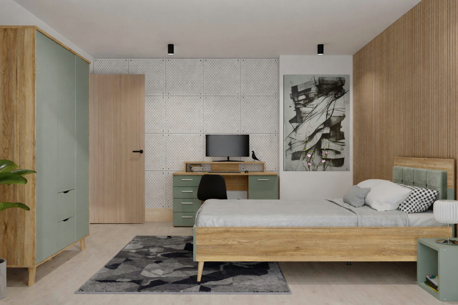 möbel-direkt.de Jugendzimmer-Set Salbei in Mauvella Eiche und Salbei, (Komplett Set, 4-tlg., Schrank, Bett, Regal, Schreibtisch), Stilvolle Farbkombination in Eiche und Salbei