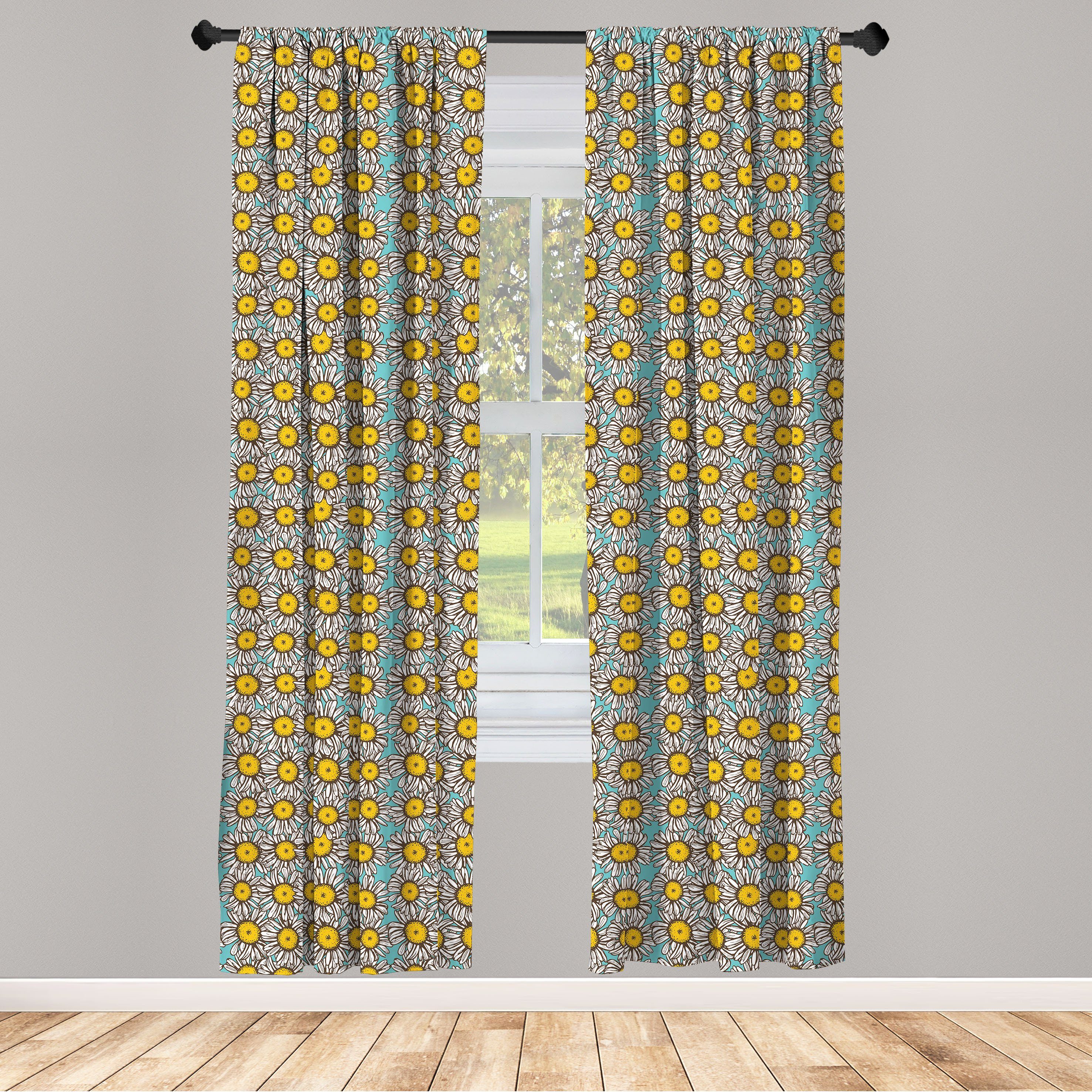 Gardine Vorhang für Wohnzimmer Schlafzimmer Dekor, Abakuhaus, Microfaser, Gelb und Weiß Sketch Gänseblümchen