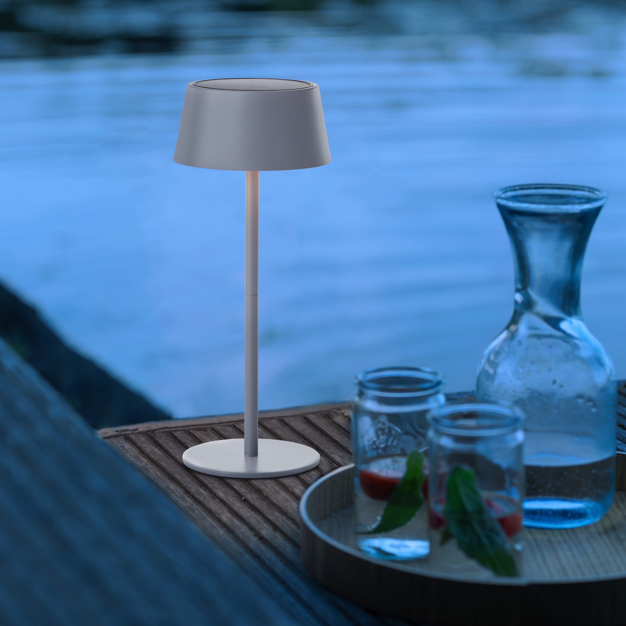 Lightbox Tischleuchte, LED fest integriert, Warmweiß, LED Außen Tischlampe, Solar, 3 Stufen Dimmer, 30cm, Ø13cm, 300lm, grau