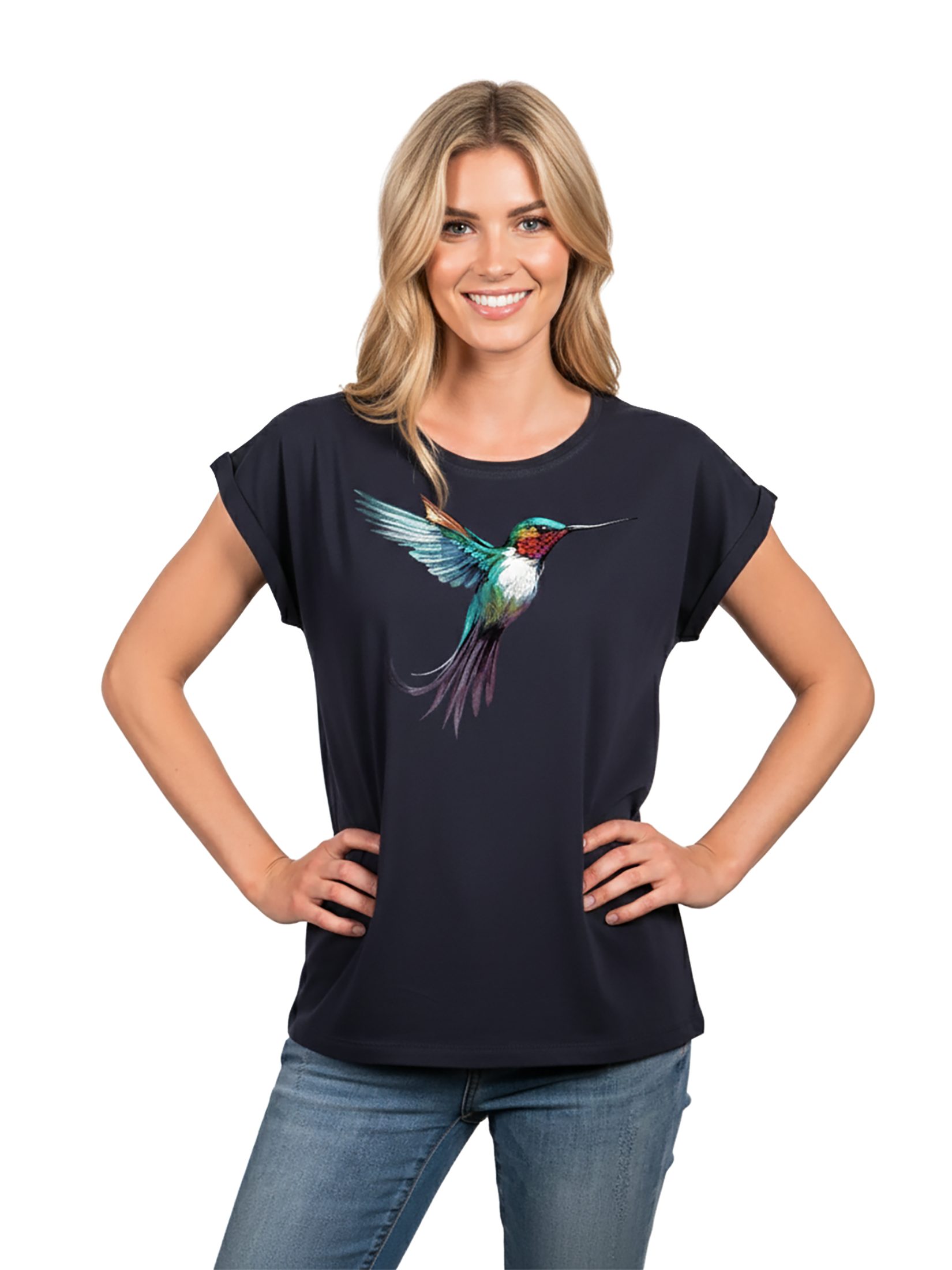 MAKAYA Print-Shirt Damen Kolibri Motiv Sommer Top Druck Vogel Kurzarmshirt Tunika Oversize