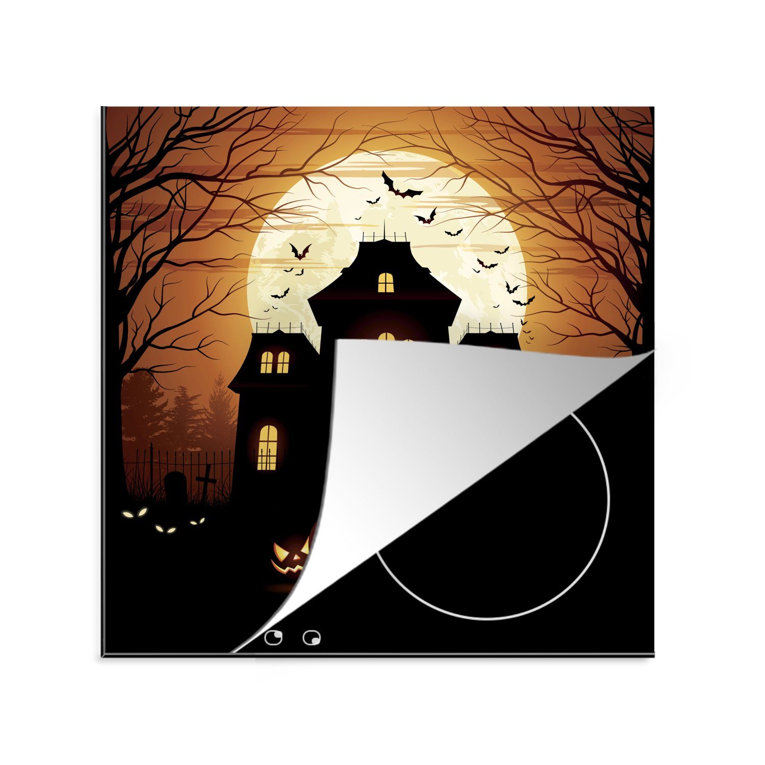 MuchoWow Herdblende-/Abdeckplatte Ein gespenstisches und einsames Haus während Halloween in einer, Vinyl, (1 tlg), 78x78 cm, Ceranfeldabdeckung, Arbeitsplatte für küche