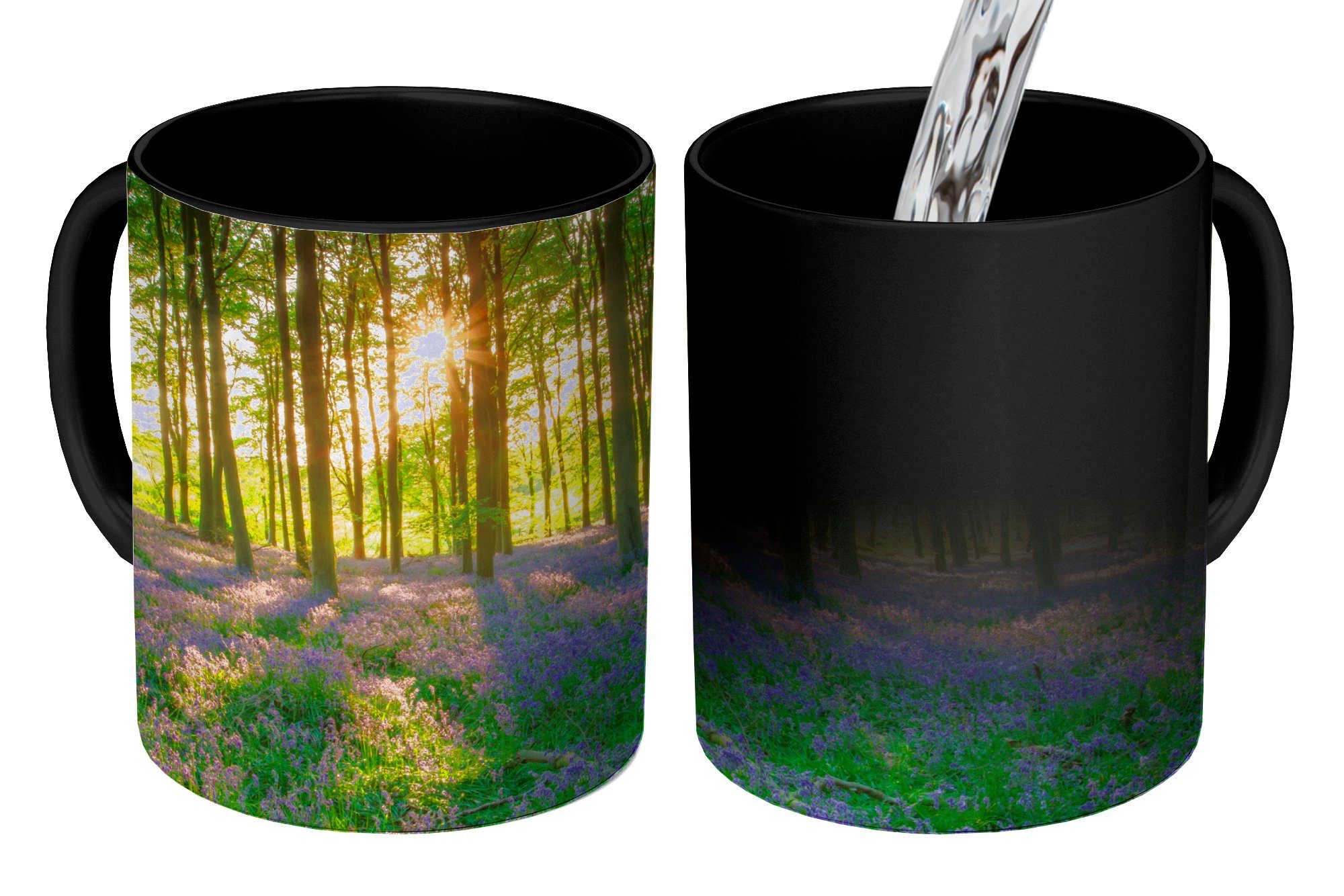 MuchoWow Tasse Ein mit Sternhyazinthen bewachsener Wald an einem sonnigen Tag, Keramik, Farbwechsel, Kaffeetassen, Teetasse, Zaubertasse, Geschenk