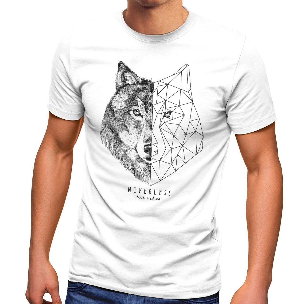 Neverless Print-Shirt Herren T-Shirt Wolf Polygon Kunst Grafik Tiermotiv Printshirt Fashion Streetstyle Neverless® mit Print weiß