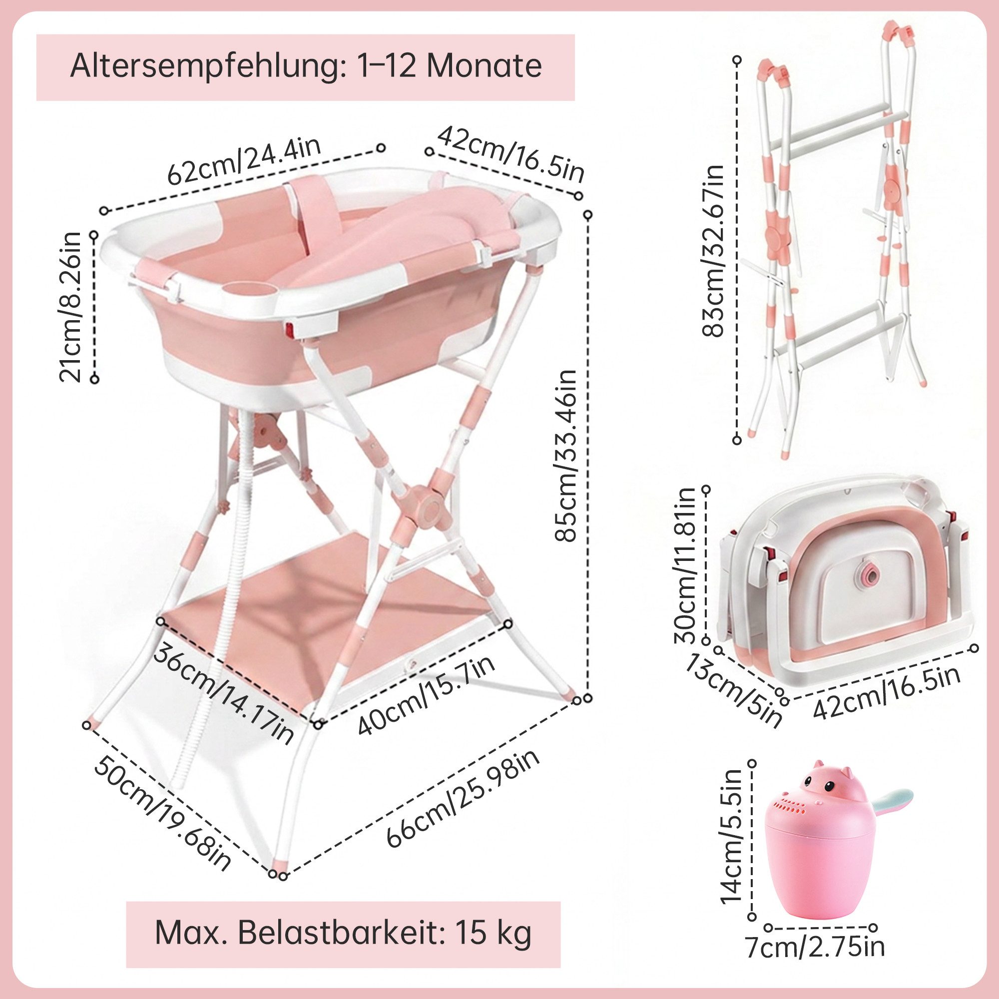 SEHAUSEU Babybadewanne Babywanne Badewanne mit Gestell faltbar, mit Thermometer, mit Abflussschlauch, Badeauflage, Ablagebrett, Haarwaschbecher