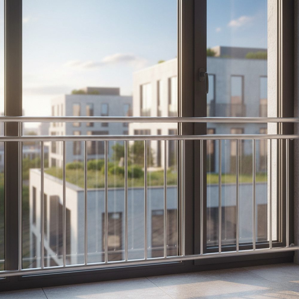 Mucola Brüstungsgeländer Balkongeländer Fenster Geländer Edelstahl Silber V2A Handlauf, 156 cm Länge, 90 cm Höhe, mit 2 Pfosten, Stück, 1-tlg., Premium-Geländer, V2A Edelstahl