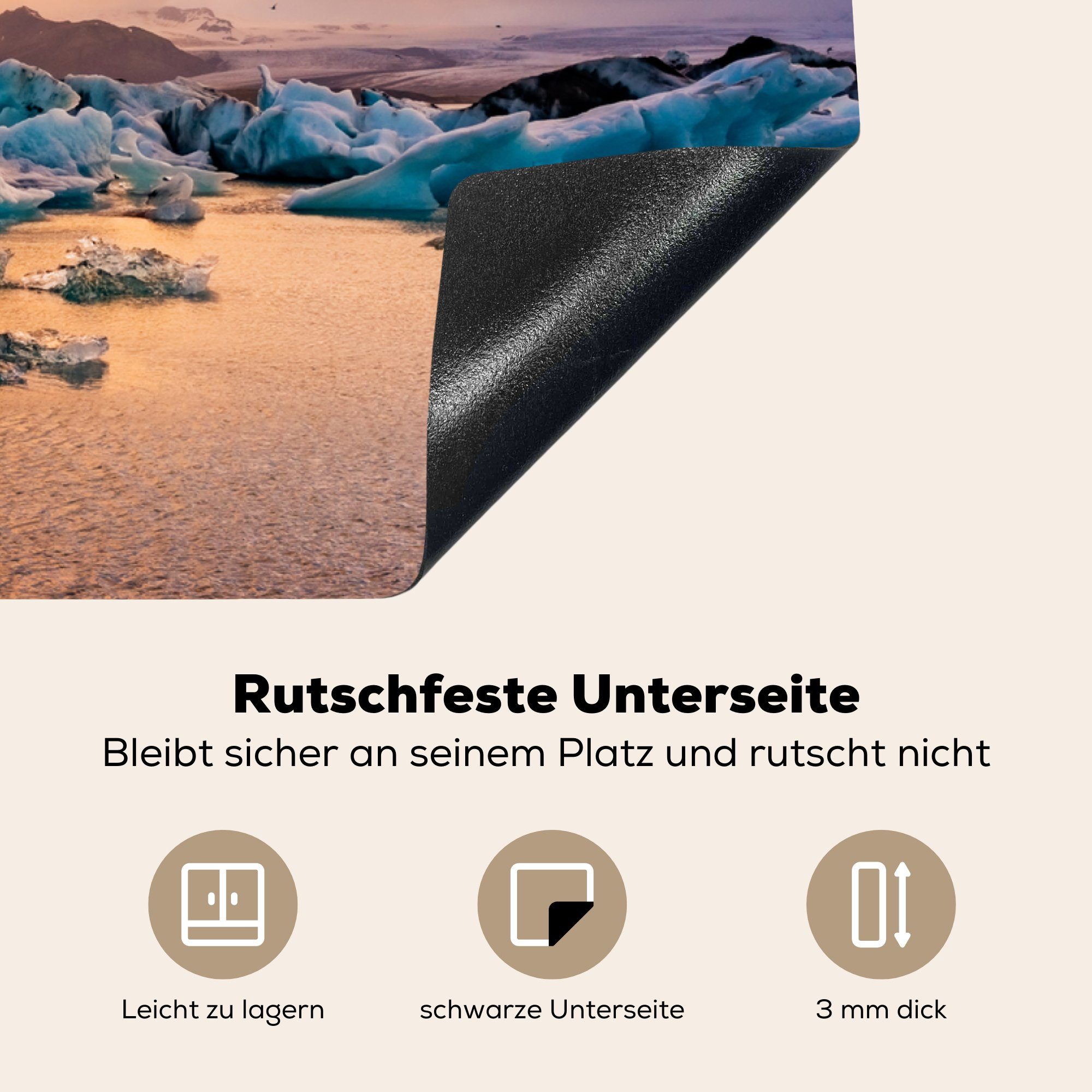 Herdblende-/Abdeckplatte See am und MuchoWow 81x52 Schutz Vinyl, Die Jökulsárlón, Eisberge der Induktionskochfeld küche, cm, tlg), Sonnenuntergang (1 die Ceranfeldabdeckung für