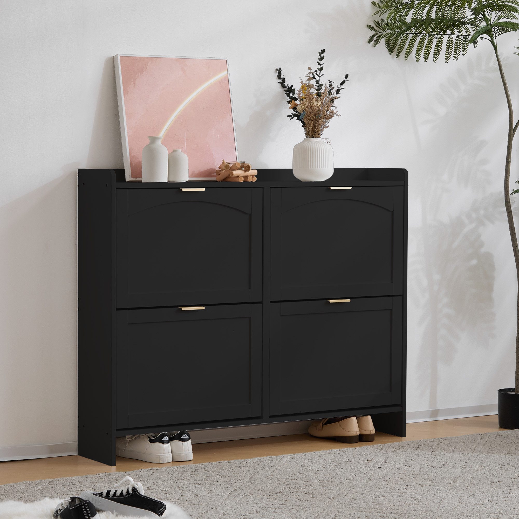 Flieks Schuhschrank (ca 24 Paar Schuhe, 1-St., B110/T24/H90 cm) Schuhregal mit 4 Klappen Schuhkipper Schuhkommode schwarz