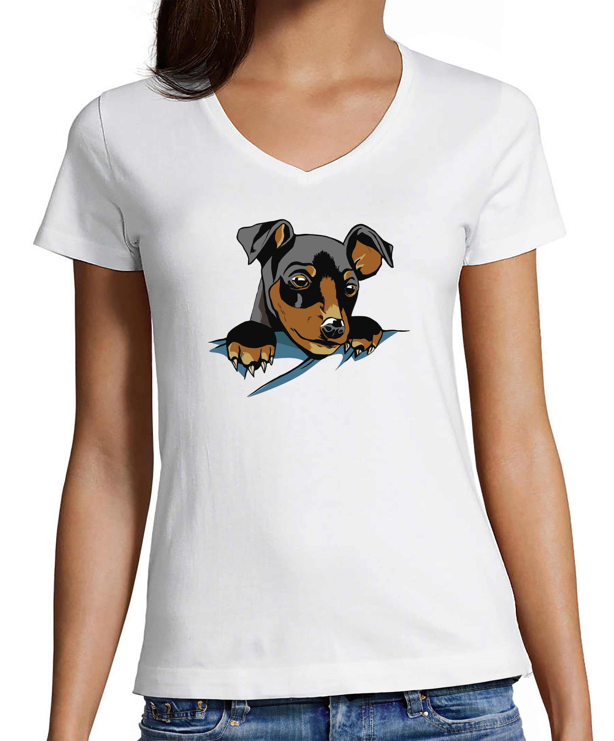 MyDesign24 T-Shirt Damen Hunde Print Shirt bedruckt - Süßer Hundewelpe V-Ausschnitt Baumwollshirt mit Aufdruck, Slim Fit, i227 weiss