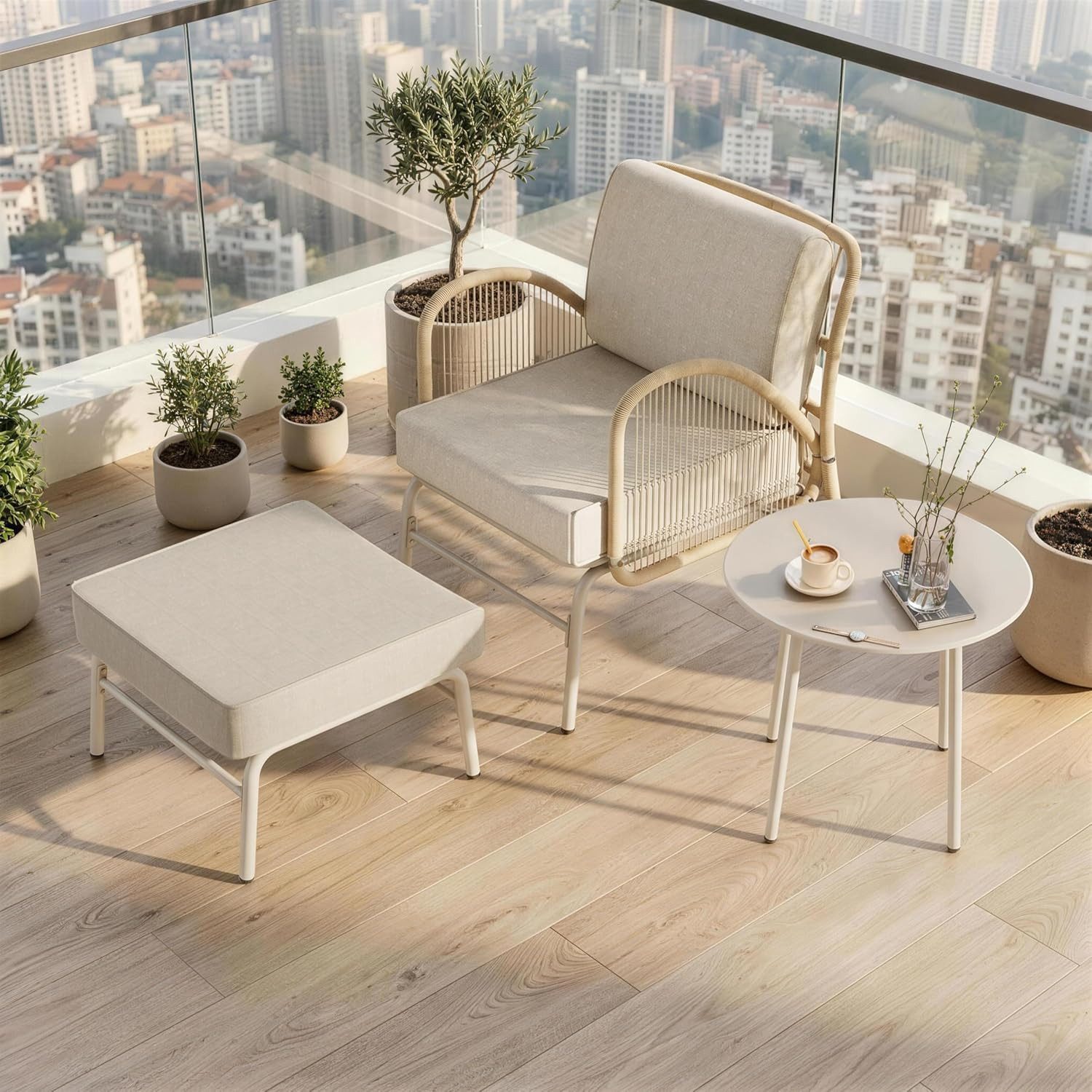GOTLAND Sitzgruppe Rattan-Sitzgruppe für Terrasse & Garten, Outdoor-Loungesessel, (Set, 3-tlg), mit Hocker und rundem Couchtisch
