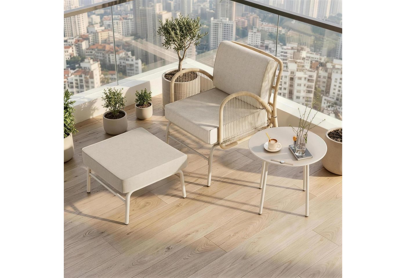 GOTLAND Sitzgruppe Rattan-Sitzgruppe für Terrasse & Garten, Outdoor-Loungesessel, (Set, 3-tlg), mit Hocker und rundem Couchtisch
