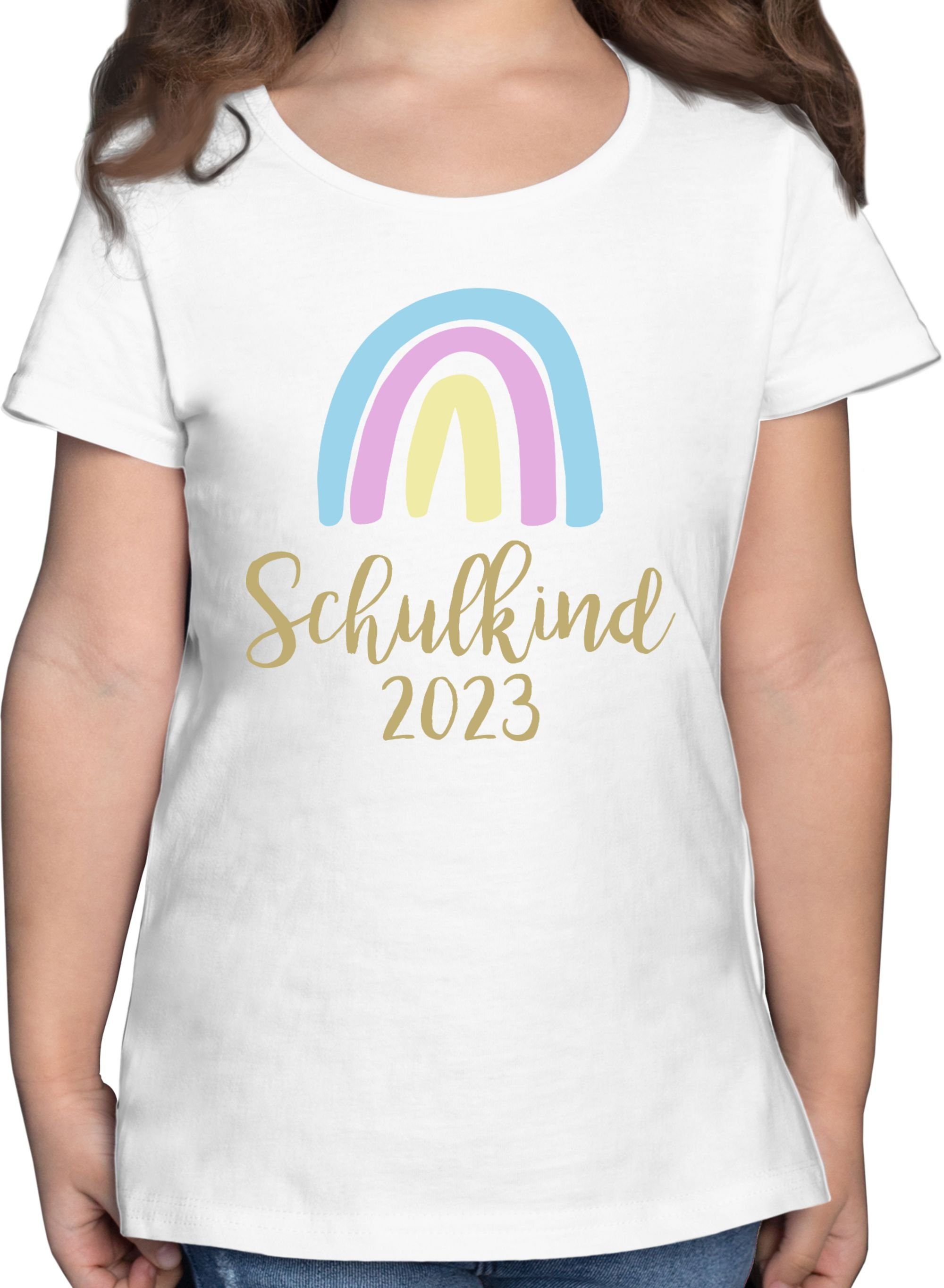 Shirtracer T-Shirt Schulkind 2023 Regenbogen Pastell / Gold Einschulung Mädchen 1 Weiß