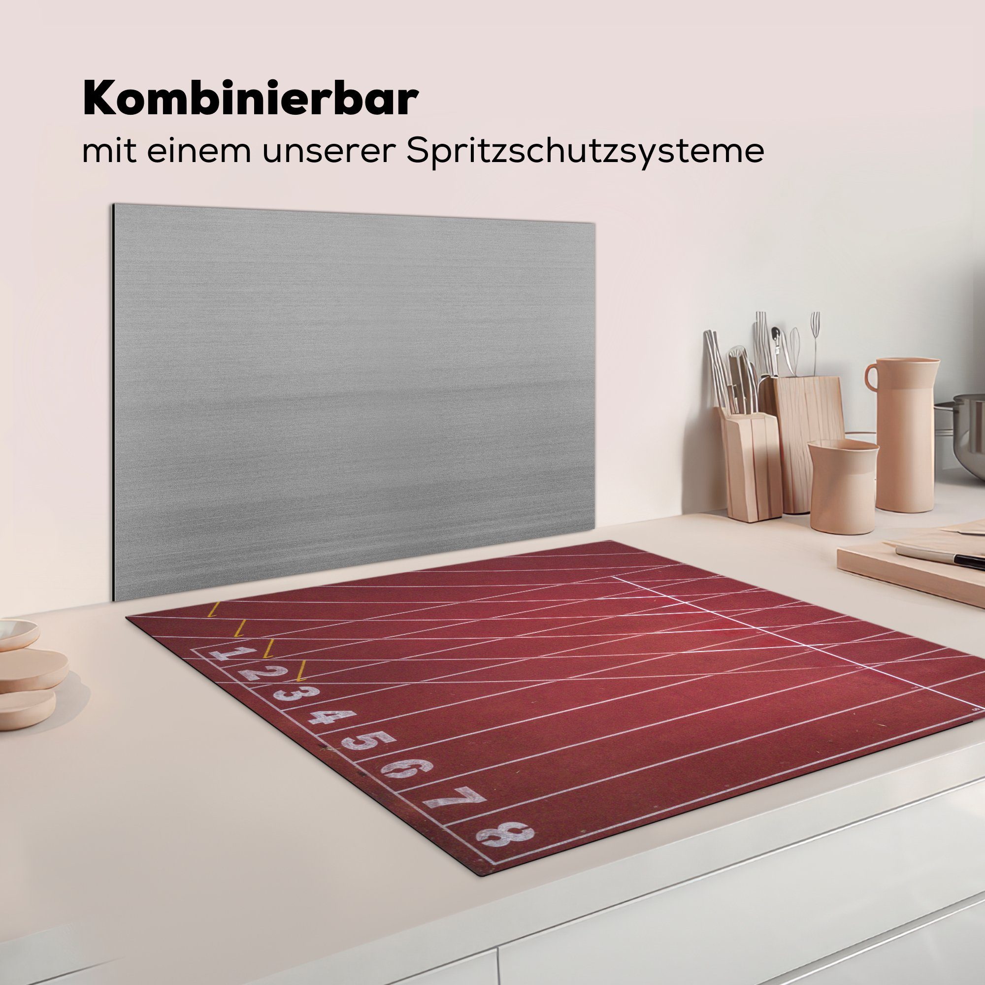 MuchoWow Ceranfeldabdeckung, Linie, Leichtathletik (1 tlg), für küche 78x78 cm, Arbeitsplatte Vinyl, - Weiß Herdblende-/Abdeckplatte -