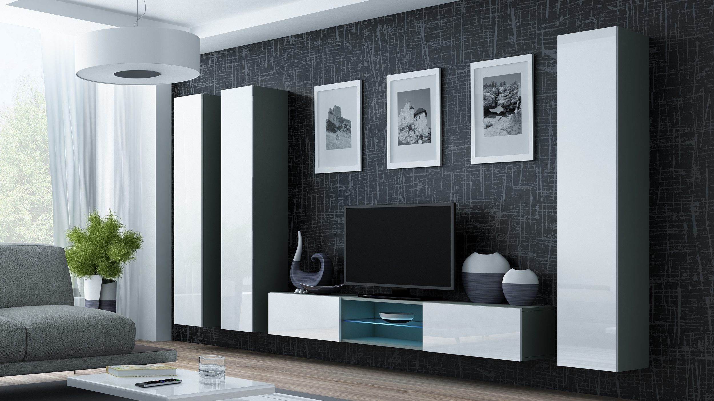 Stylefy Wohnwand Vago XVIII, (Set (4-St), Wohnmöbel, Wohnzimmer-Set), bestehend aus 1xLowboard und 3xHängeschrank, inkl. LED-Beleuchtung, mit Push-to-Open, Modern Design Grau Matt - Weiß Hochglanz