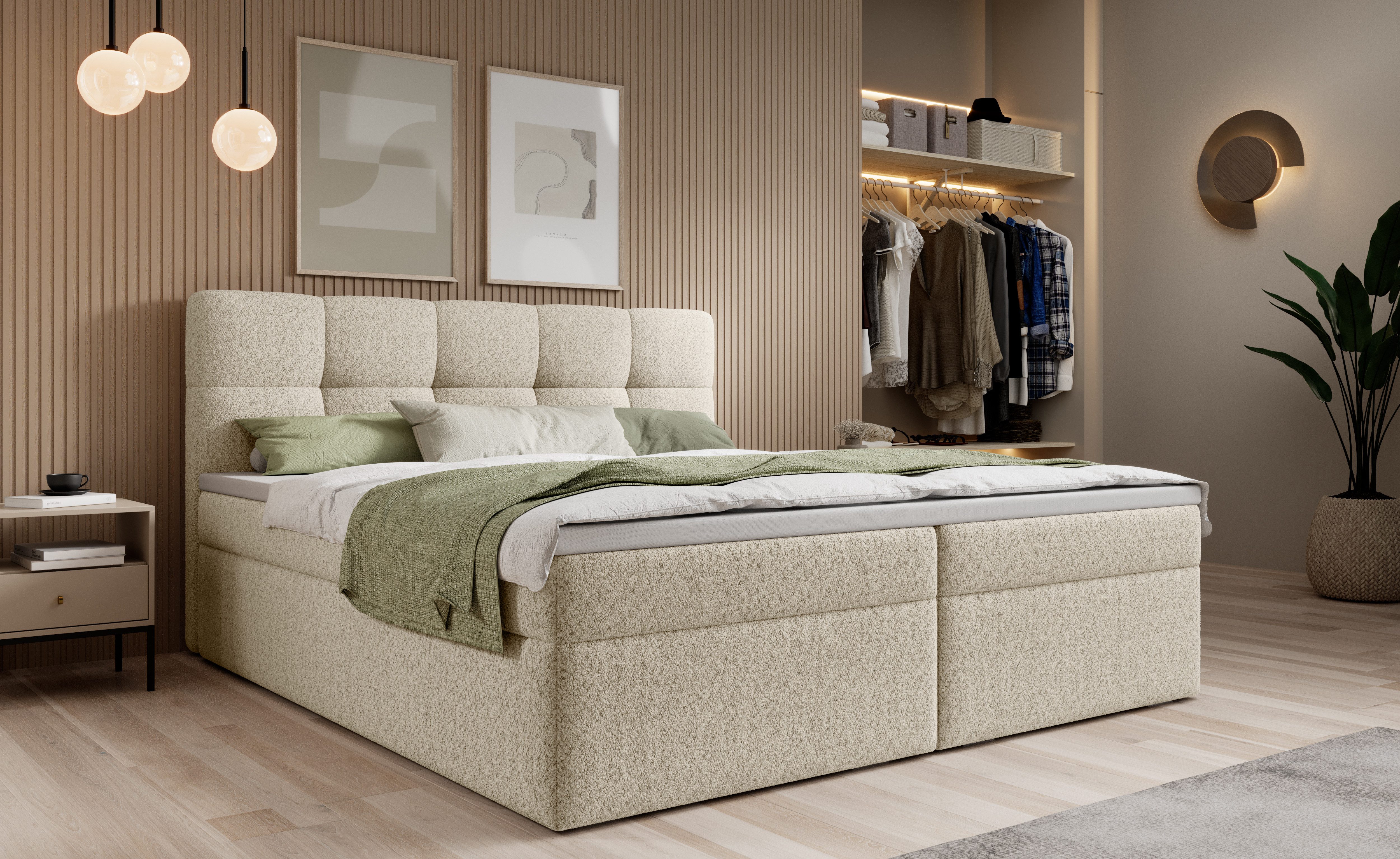 thematys Boxspringbett mit Bettkasten 140x200–200x200 cm – Velours oder Bouclé Bezug – (Boxbett - Luxus Doppelbett mit Stauraum, Boxbett - Luxus Doppelbett mit Stauraum)