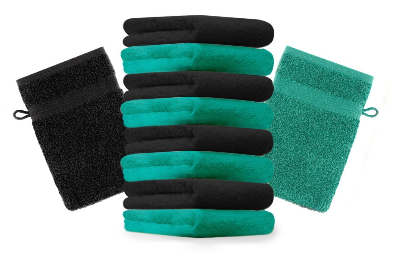 Betz Waschhandschuh 10 Stück Waschhandschuhe Premium 100% Baumwolle Waschlappen Set 16x21 cm Farbe smaragdgrün und schwarz (10-tlg)