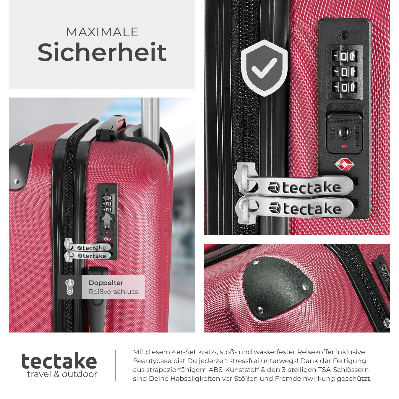 tectake Trolley Hartschalenkoffer-Set, 4 Rollen, 4-teilig, 3 Trolleys und Beauty-Case aus robustem ABS-Kunststoff