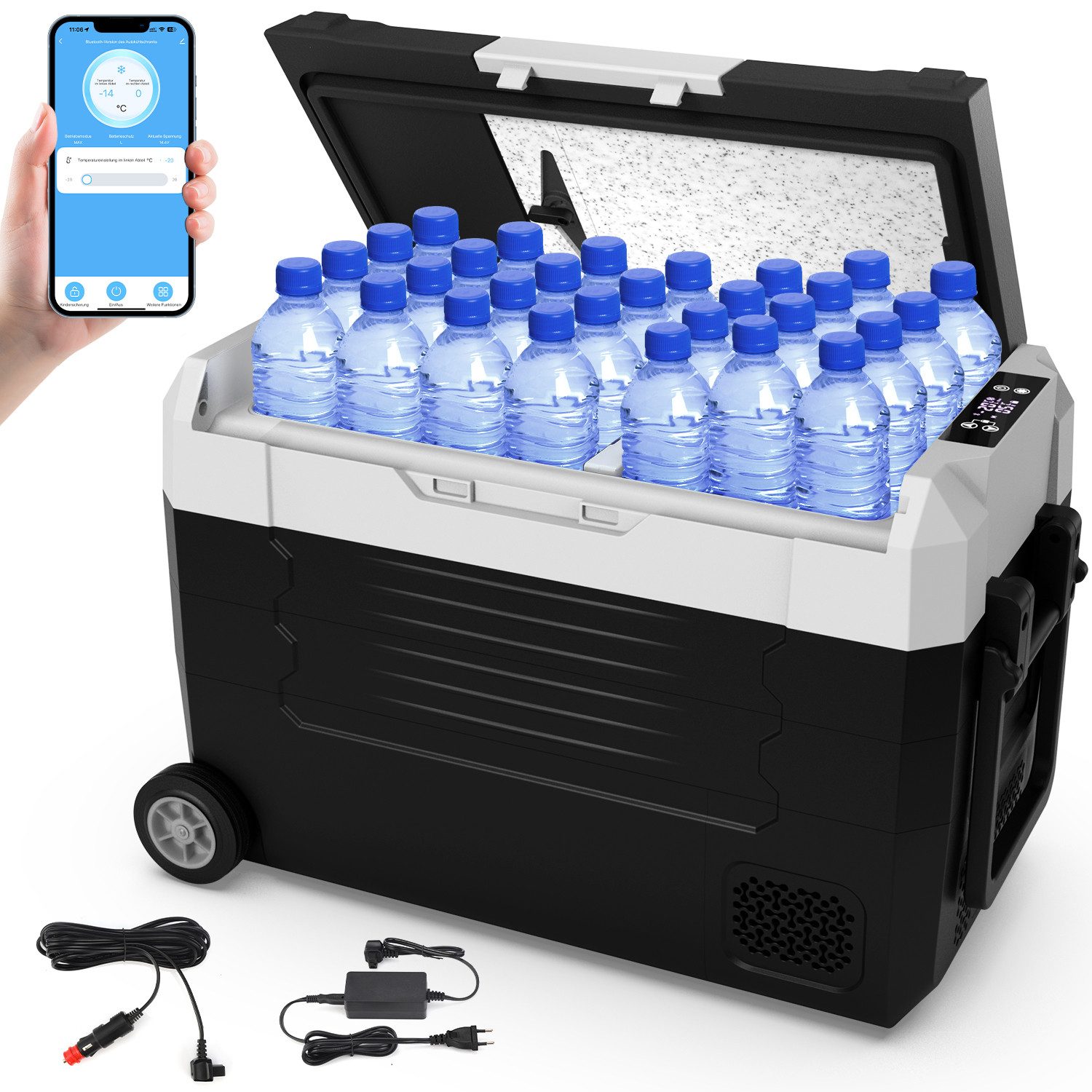 oyajia Elektrische Kühlbox Kompressor Gefriertruhe mobiler Kühlschrank, Kühltruhe, Gefrierbox, 45 l, Dual-Zone (20°C bis +20°C), 12V/24V/230V – mit Rollen, Trennwand