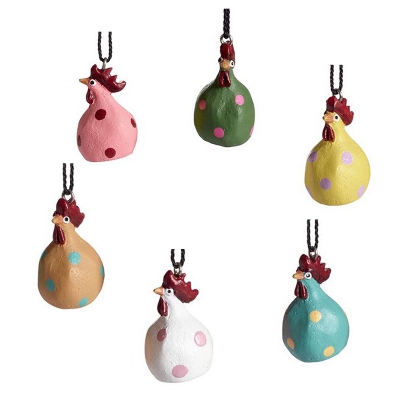 Nääsgränsgården Osterfigur Deko-Hühner mit Punkten & Baumwollband ~ schwedisches Design (Set, 6 St), Dekofigur aus Resin, Osterdeko, Hängedeko