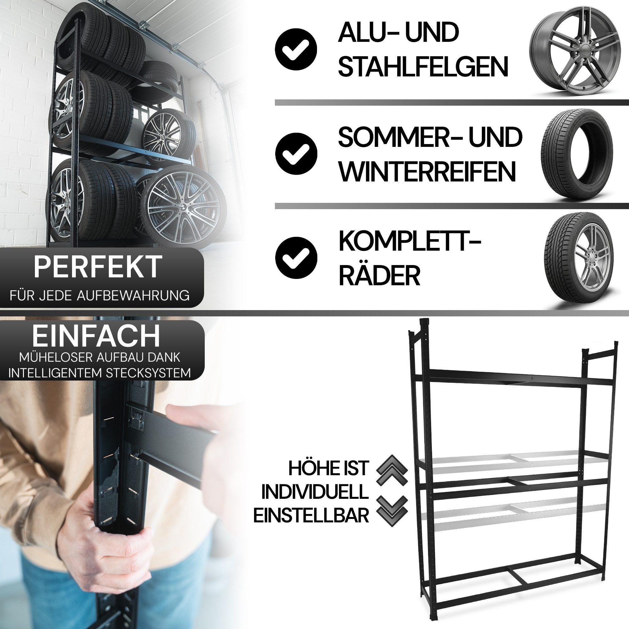 ALL Schwerlastregal Premium Reifenregal, 250kg Traglast, 4 bis 18 reifen ideal für Garage & Lager