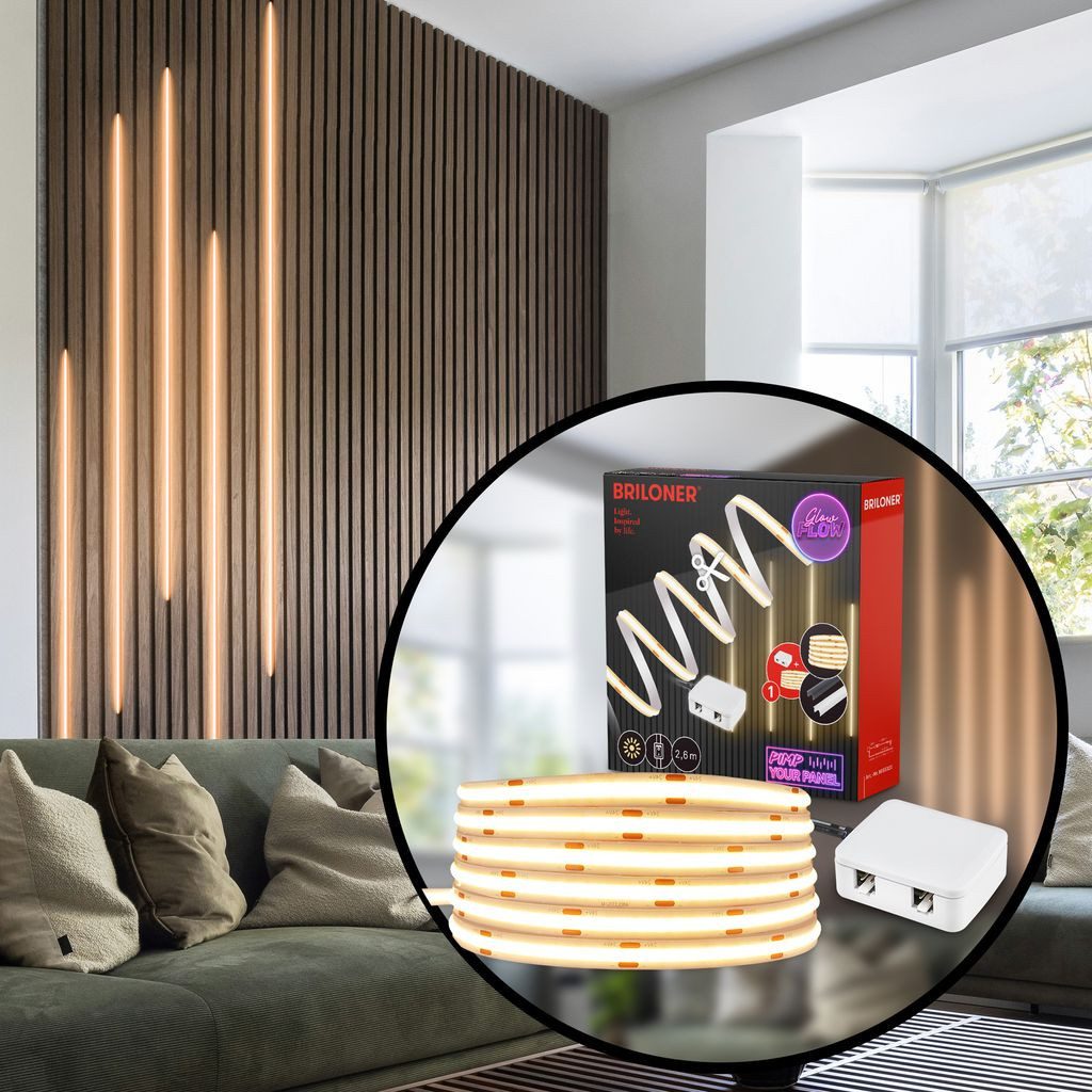 Briloner Leuchten LED-Stripe-Profil COB LED Strip Pimp your Panel Erweiterungsset Kürzbar Selbstklebend, 1-flammig, 2,6 m, Wohnzimmer, Schlafzimmer, Flur