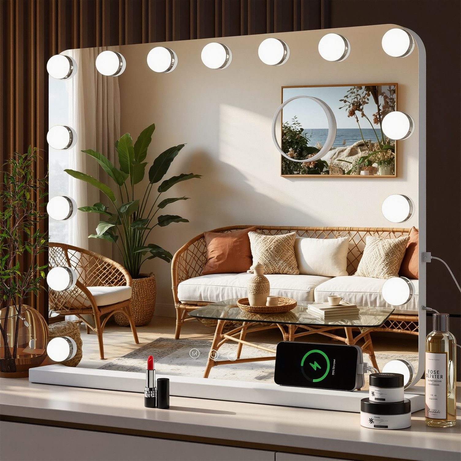 TLGREEN Зеркало для макияжа mit beleuchtung, (50x40cm,Hollywood Spiegel,Schminkspiegel mit Licht, 15 Dimmbare LED,3 Beleuchtungsmodi,Touch Steuerung und Abnehmbare Lupe), Tischspiegel für Schminktisch,Wandspiegel