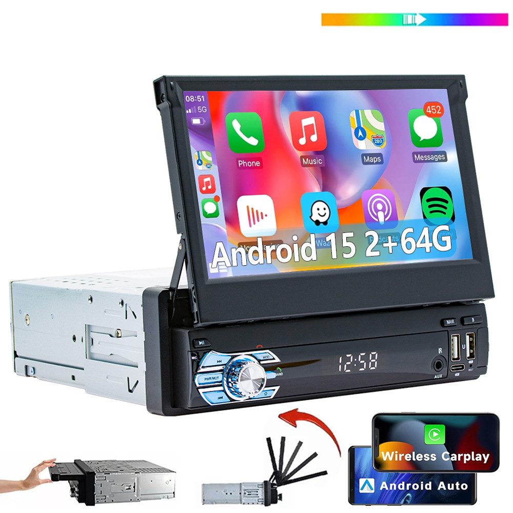 ESSGOO DAB+ 64G 1DIN 7'' Flip Out Android 15 Carplay Autoradio GPS WIFI FM BT Autoradio (Digitalradio (DAB), 4+64GB(optional), RDS, AM, FM, Carplay Android Auto Bluetooth EQ USB GPS Navi WIFI Touchscreen)