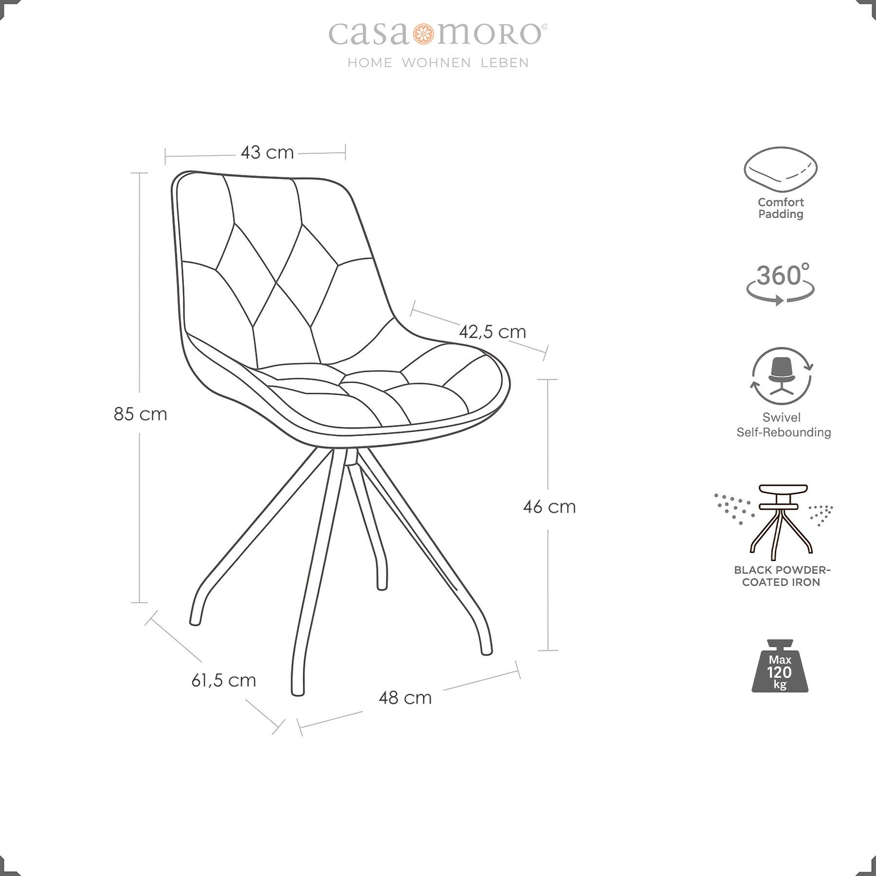 Casa Moro Drehstuhl Polsterstuhl – Drehstuhl – Esszimmerstuhl, 360° drehbar, Auto-Return-Funktion