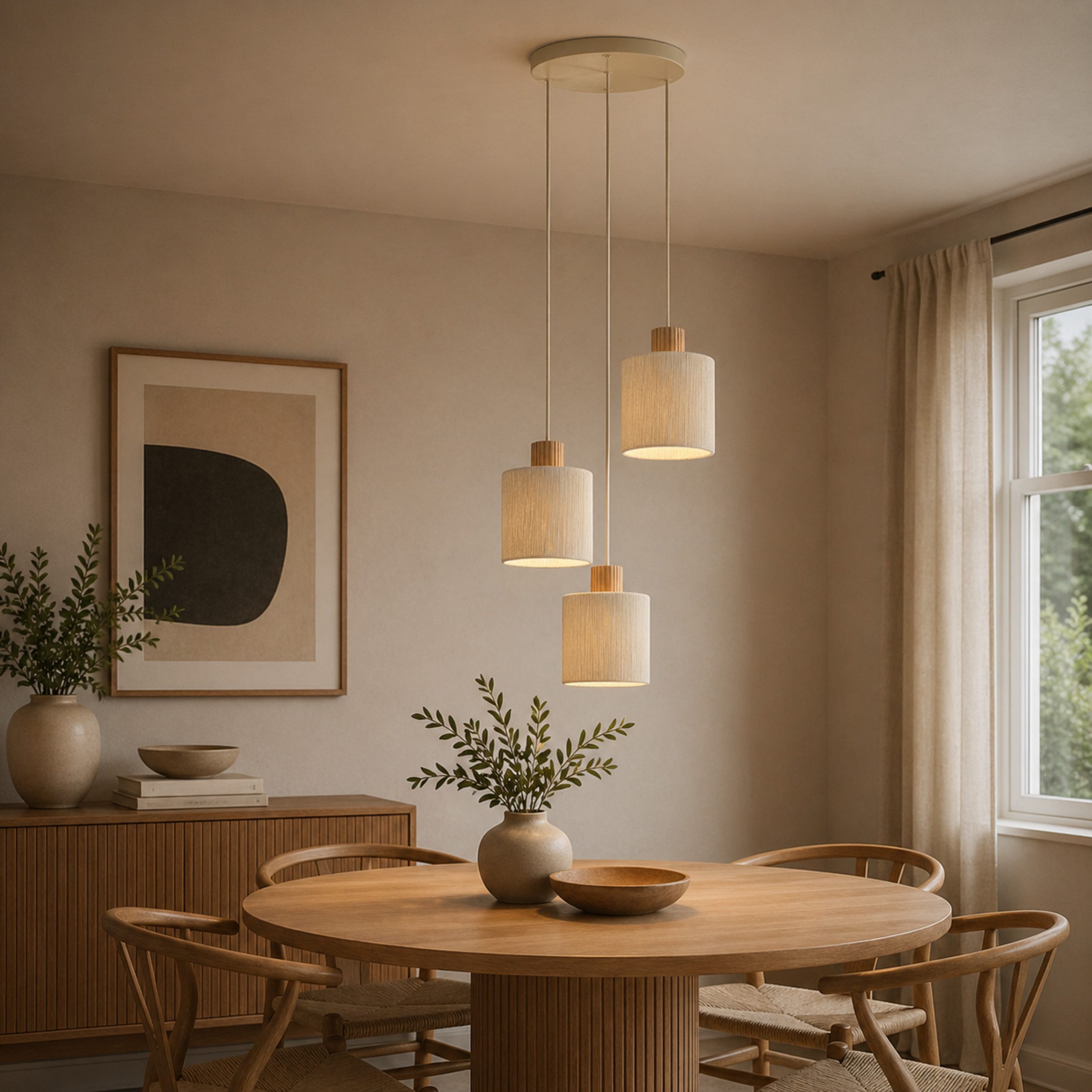 Lightbox Pendelleuchte, ohne Leuchtmittel, Pendelleuchte, Höhe 150cm, Ø 40cm, 3 x E27 Fassung, Textil/Holz, beige