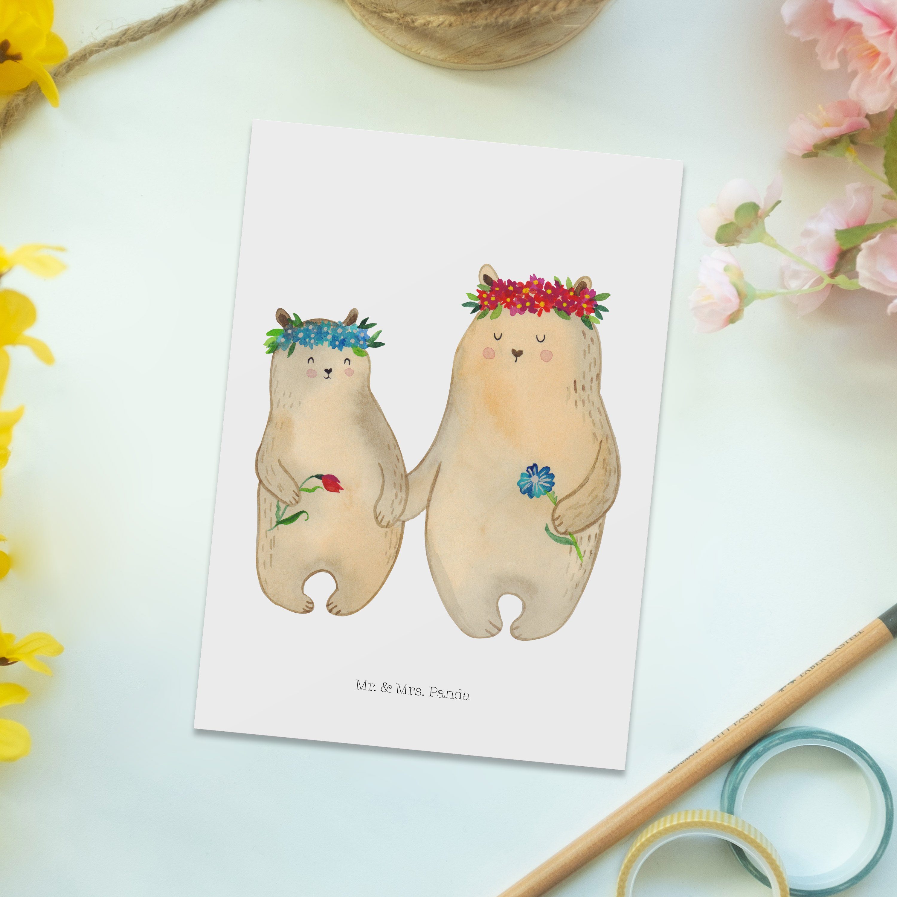Postkarte Weiß mit Geschenk, Geburtstagskarte, Mr. & Mrs. - Gruß Panda Blumenkranz Mama, - Bären
