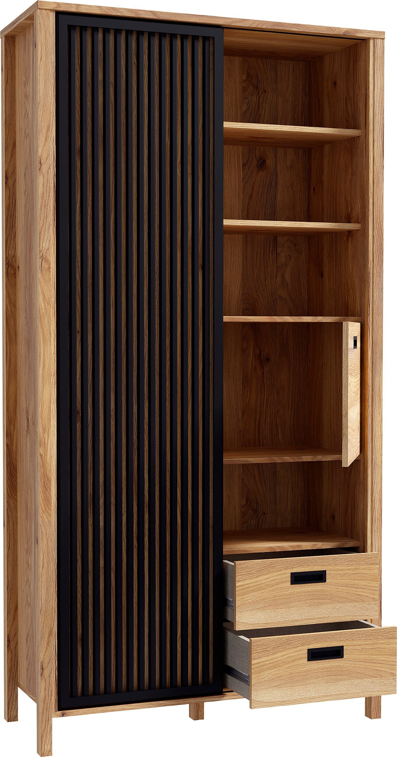 FORTE Highboard Jytana, Höhe 200,3 cm, Schiebetüre mit Lamellenoptik, Mauvella Eiche / Schwarz