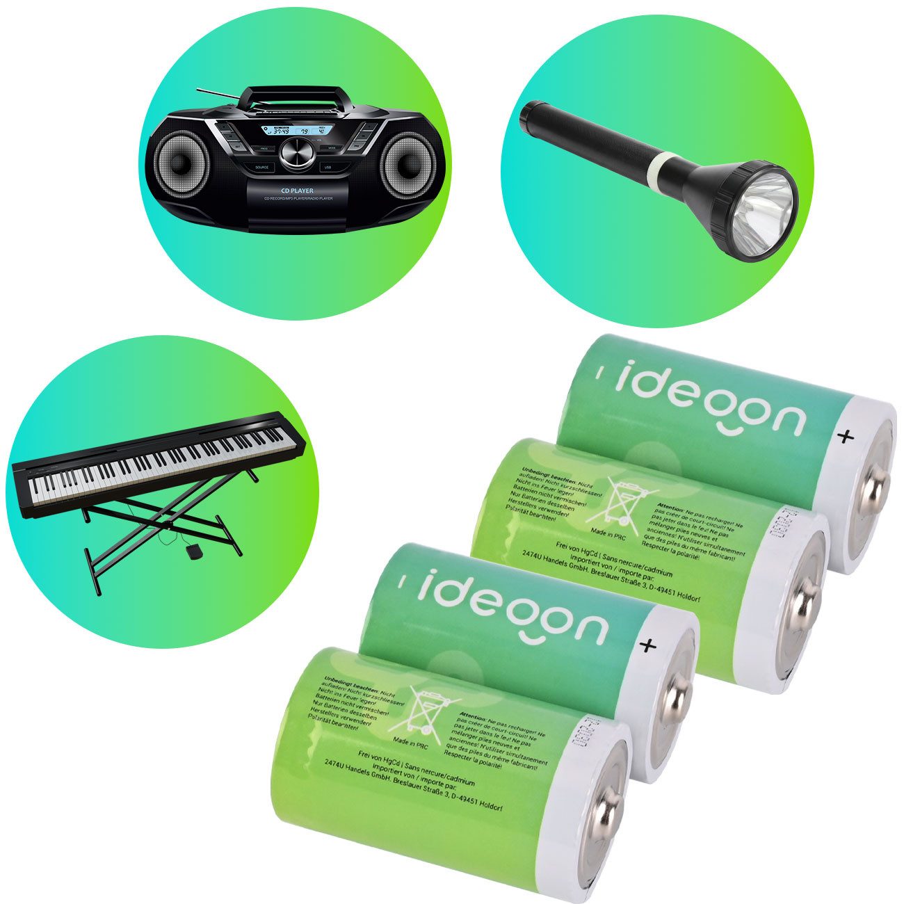 shop'n smile ideoon D Mono Batterien LR20 Alkaline 1,5V Langlebige Energie für Haushalt Batterie, (1,5 V, 4 St), Batterie Typ D (LR20), 1,5 V, auslaufsicher, nicht wiederaufladbar