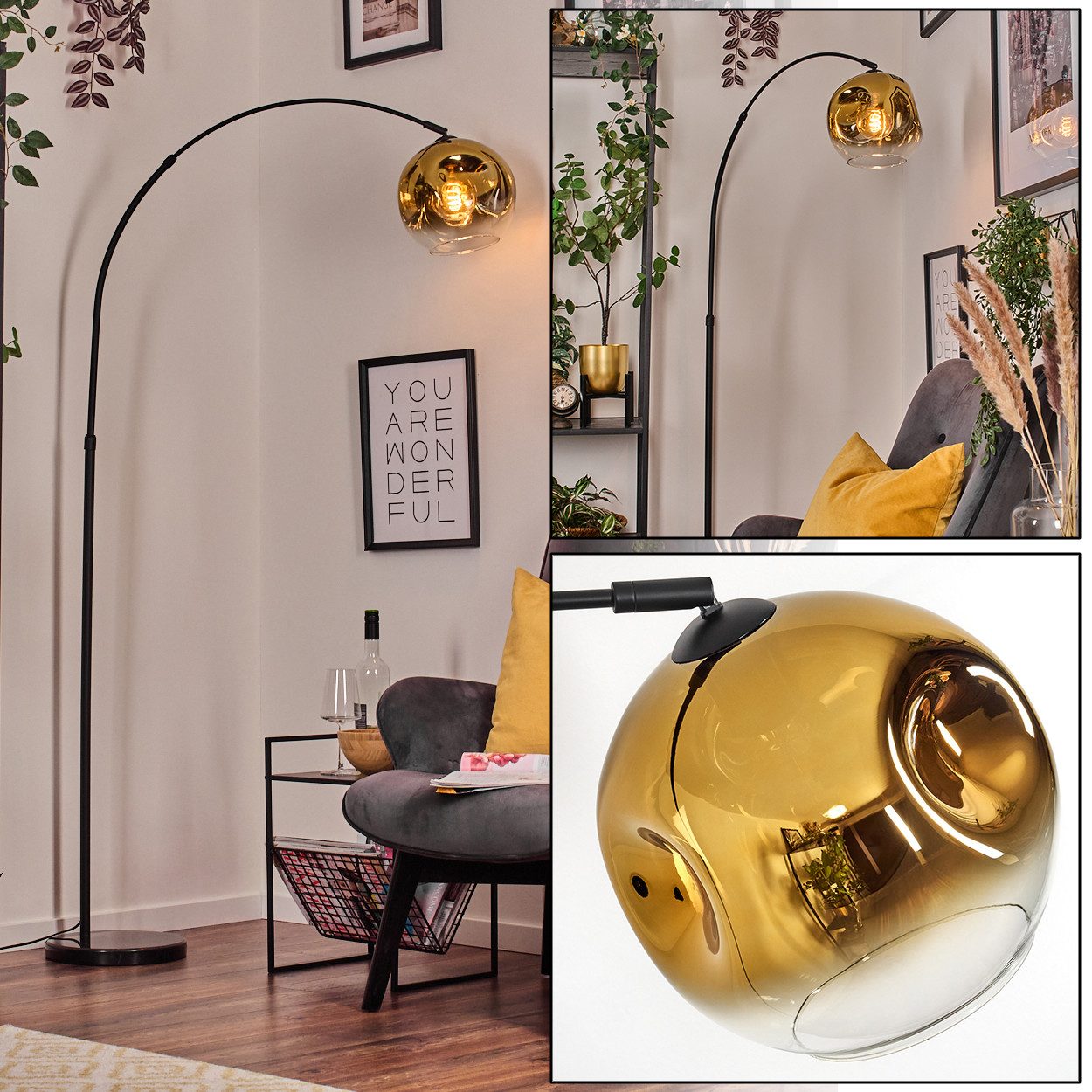 Stehlampe Stehlampe aus Metall/Glas in Schwarz/Gold/Klar mit Marmorfuß