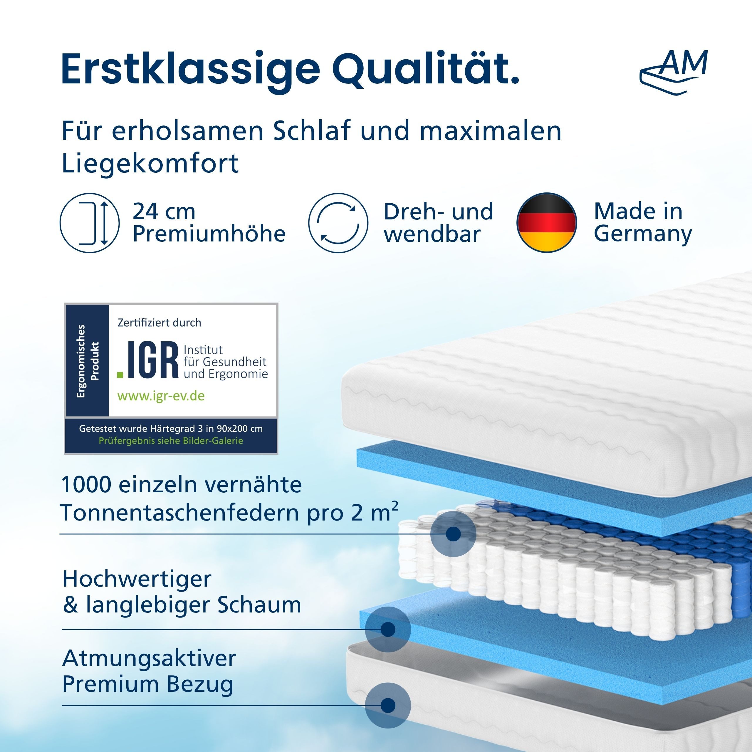 Taschenfederkernmatratze 1000 Federn, 7-Zonen Federkernmatratze, Besonders Anpassungsfähig, AM Qualitätsmatratzen, 24 cm hoch, 140x210 cm